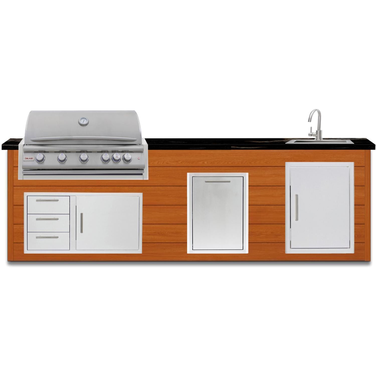 BBQGuys Signature 10 Ft Outdoor Kitchen Island w/ 40 Inch Natural Gas Blaze LTE+ Grill, Sink, & Double Trash Bin | Chai Cedar w/ Nero Mist Granite
