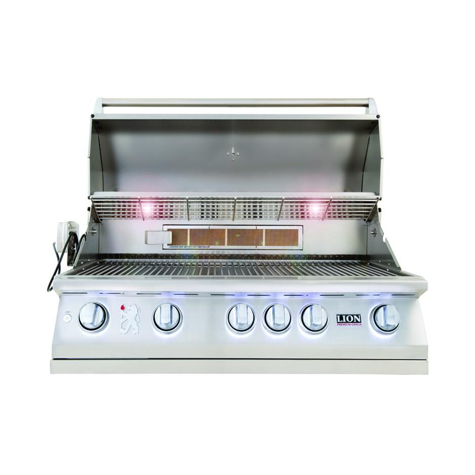 Lion 40-Inch L90000 Stainless Steel Built-In Natural Gas Grill - Lid Open - Lights On - White Background thumbnail