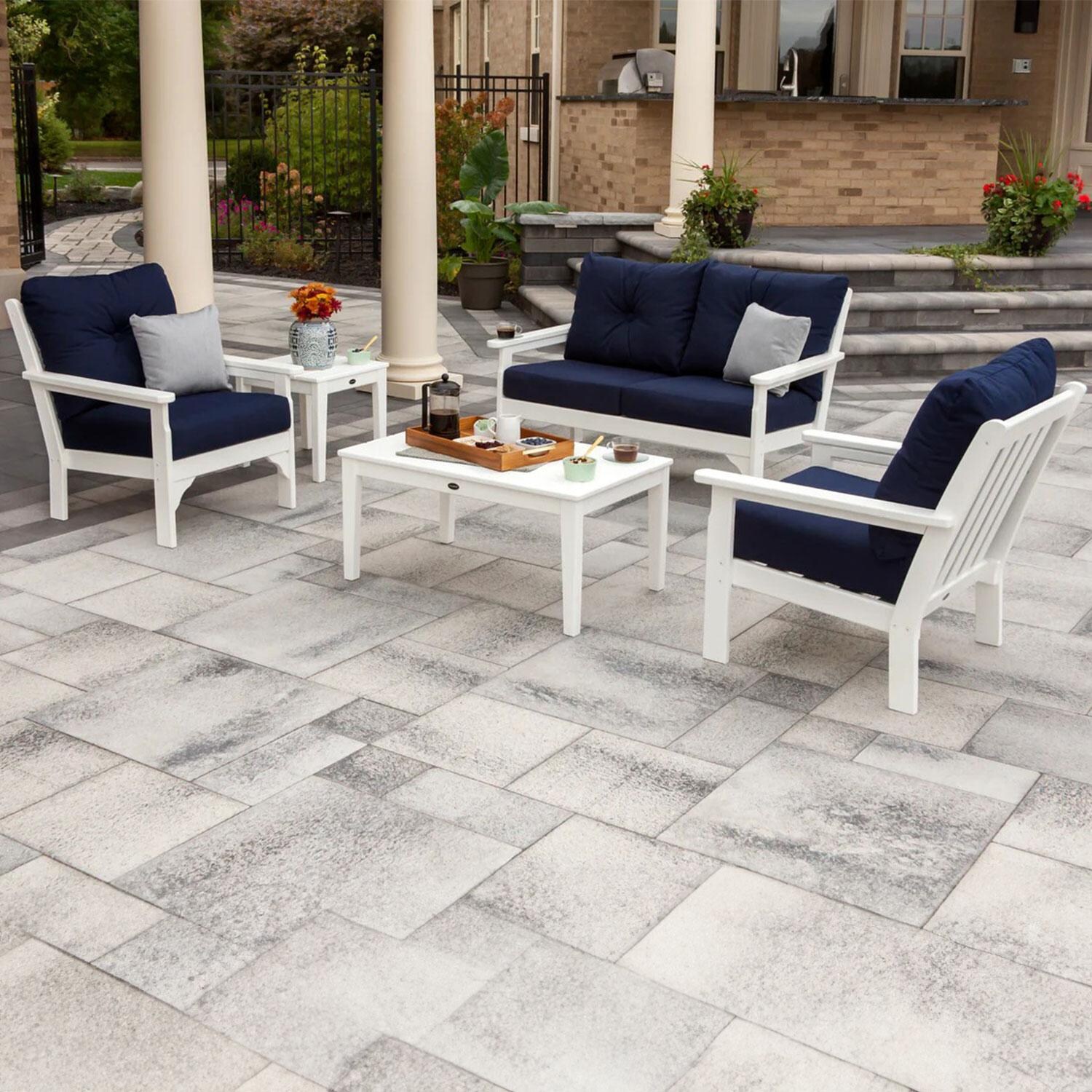 POLYWOOD Vineyard Teak & Dune Burlap 5-Piece Deep Seating Set - Back Patio - Shown in White/Marine Indigo finish - Lifestyle thumbnail