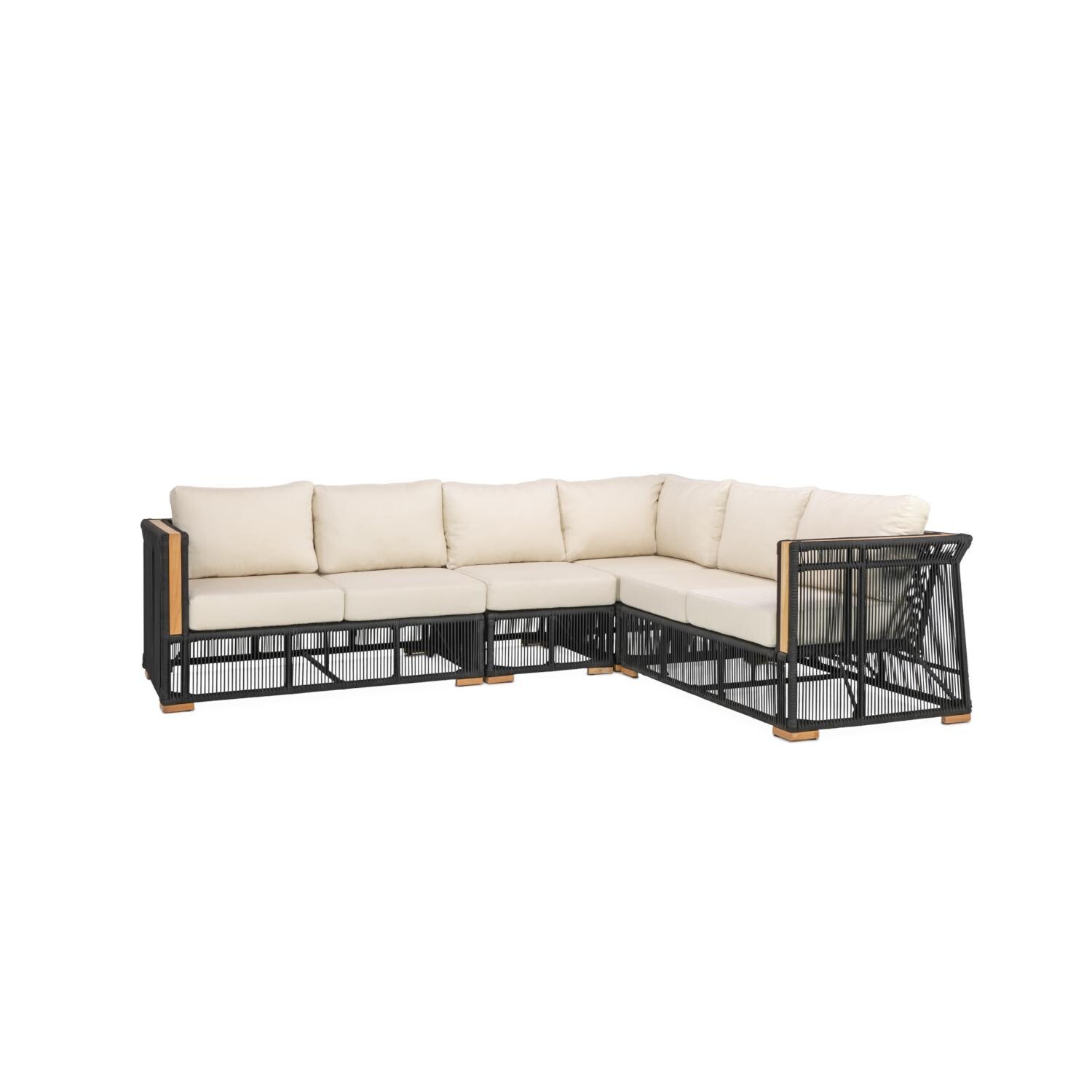 Teak + Table Breeze Olefin Rope & Teak Patio Sectional Set in Charcoal/Sand - Sectional Only - White Background thumbnail