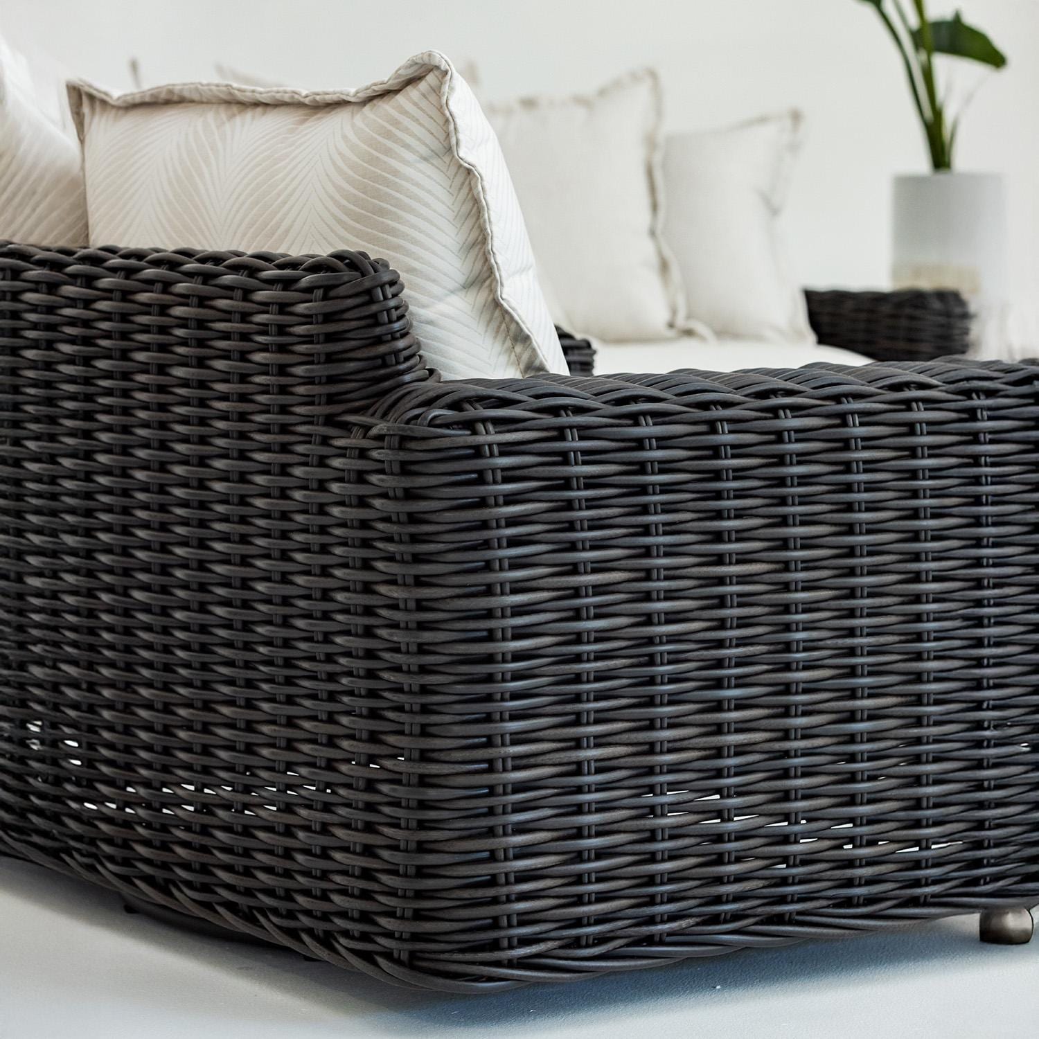 Cabo 2 Person Resin Wicker Loveseat in Kahlua/Soothe Pearl by Sunset West - Back Angle - Detail thumbnail