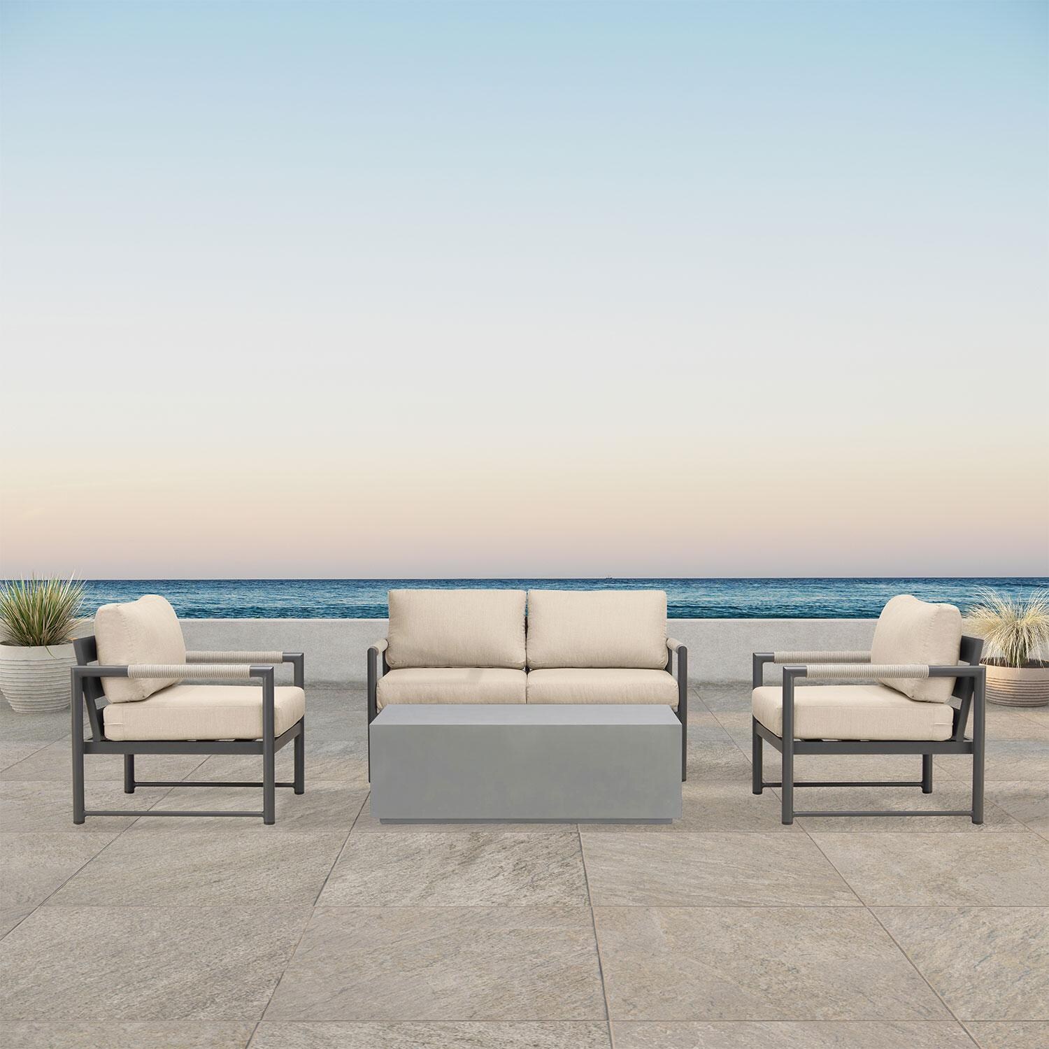 Lakeview AVEBAY-BK-CO-SET111-CF Avenue Bay Black/Carbon 5 Pc Loveseat Set - Canvas Flax - On Patio - Lifestyle thumbnail
