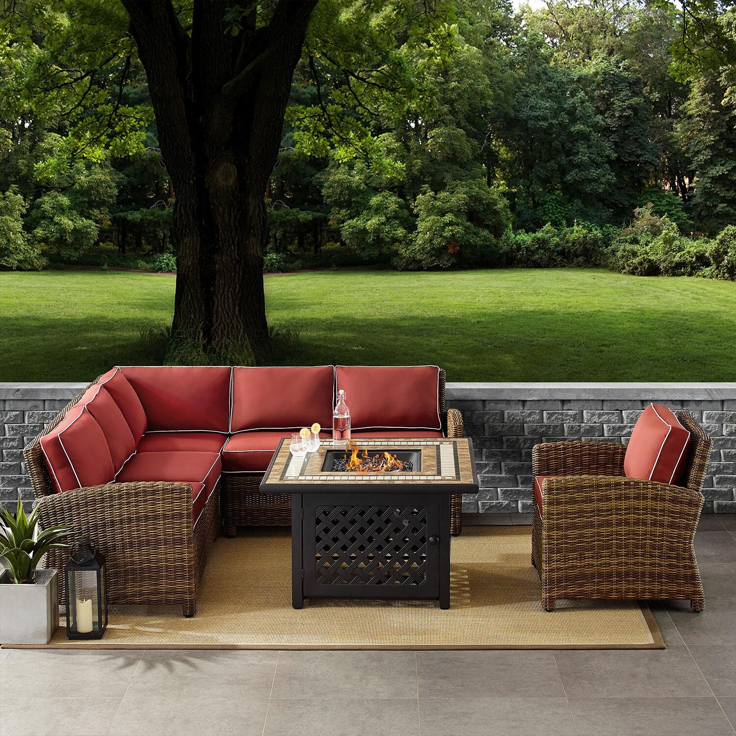 Ultimate Patio UP-92392-SG 5Pc Wicker Outdoor Sectional Set in Sangria - On Patio W/ Fire Table On - Lifestyle thumbnail