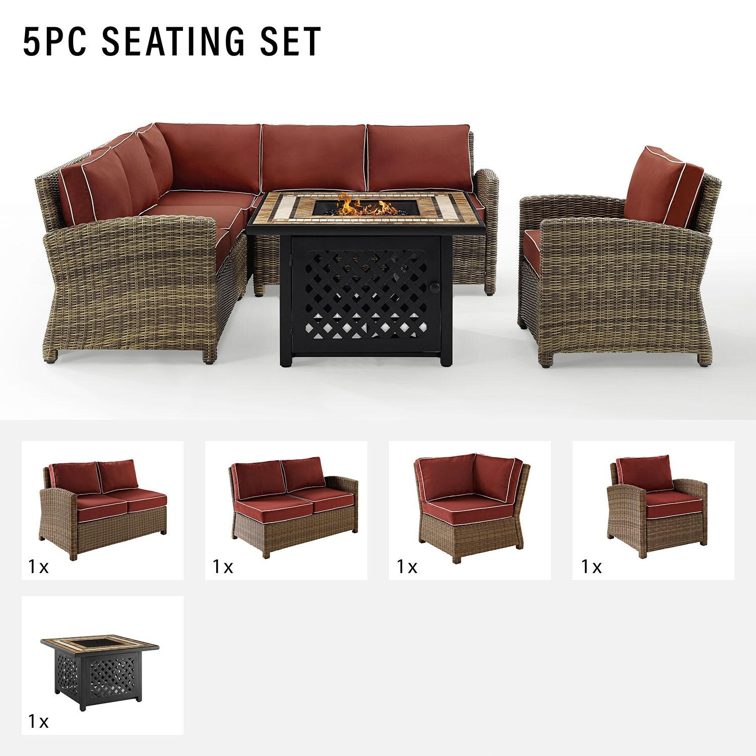 Ultimate Patio UP-92392-SG 5Pc Wicker Outdoor Sectional Set in Sangria - Included in Set (Sectional, Club Chair, & Fire Table) - Diagram thumbnail