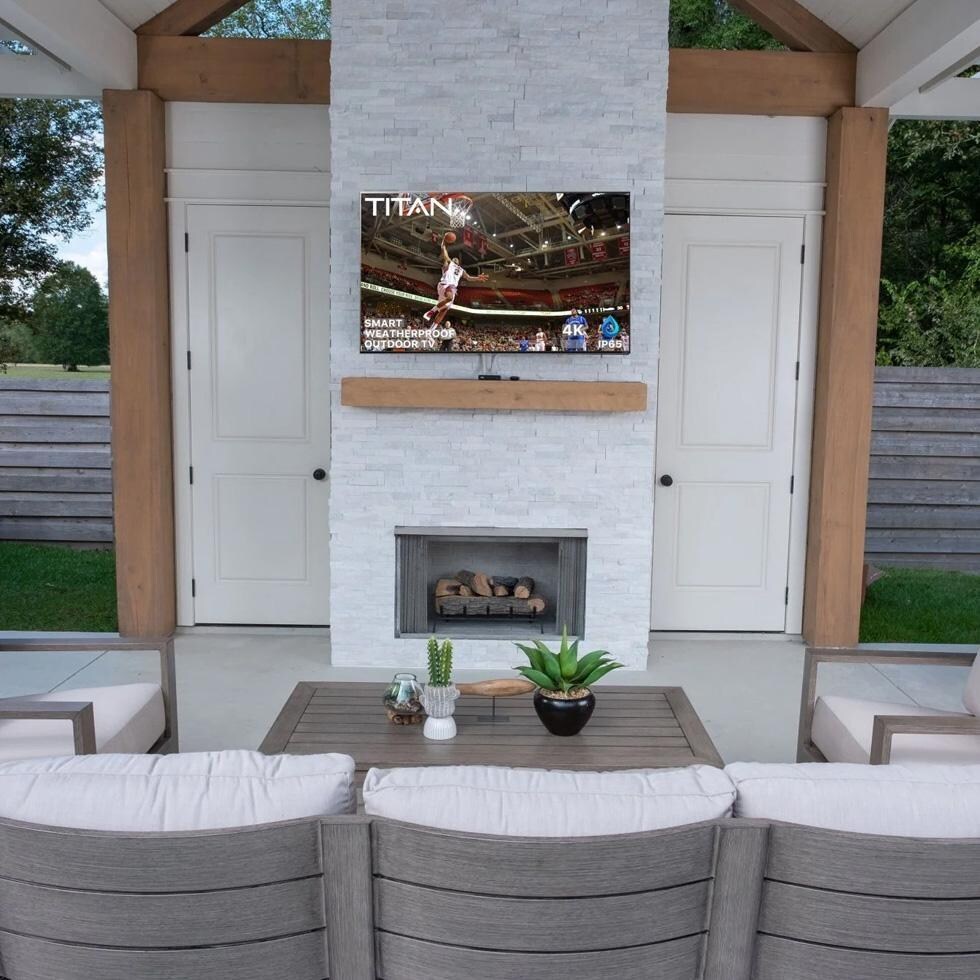 Titan BQG-L100-QNED-065-010 L100 Series 65 Inch Partial Sun 4K QNED Mini LED Smart Outdoor TV W/ Edge Lit Panel & Built-In Alexa - Installed - Lifestyle thumbnail