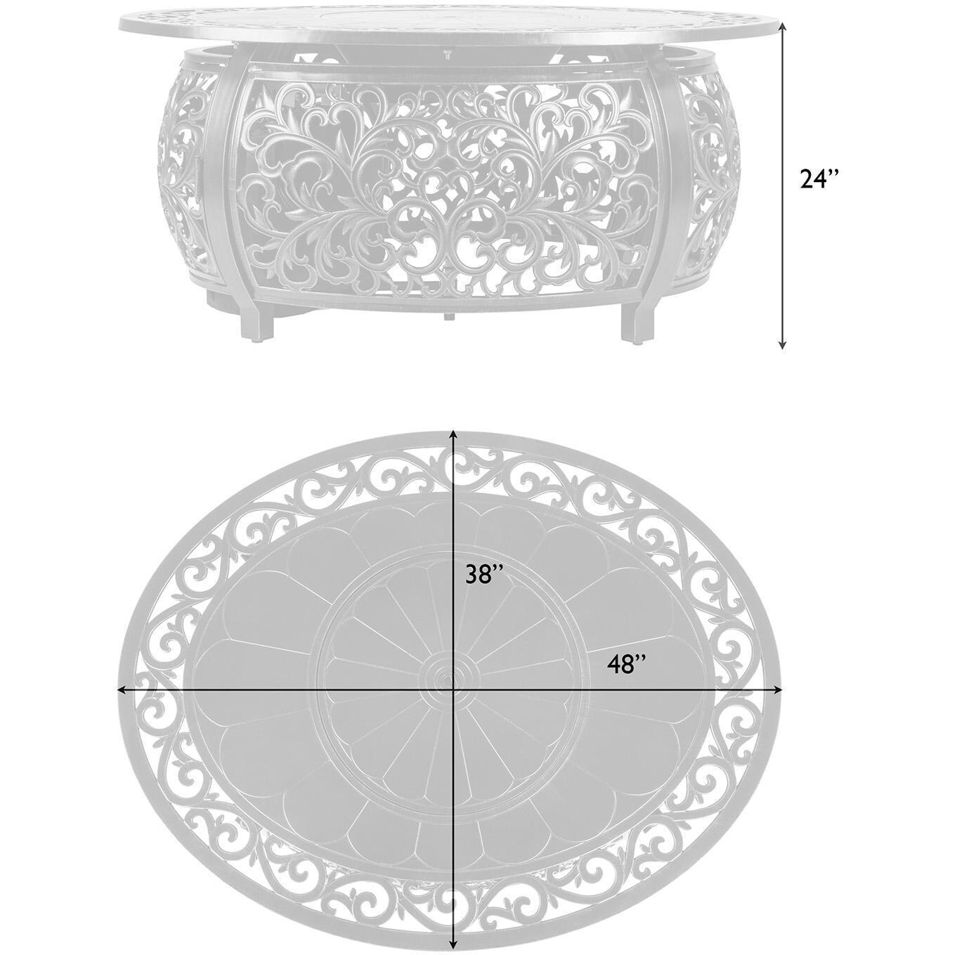 Ultimate Patio WestCay 50,000 BTU Propane Oval Fire Pit Table - Cast Aluminum - 62198 - Dimensional thumbnail