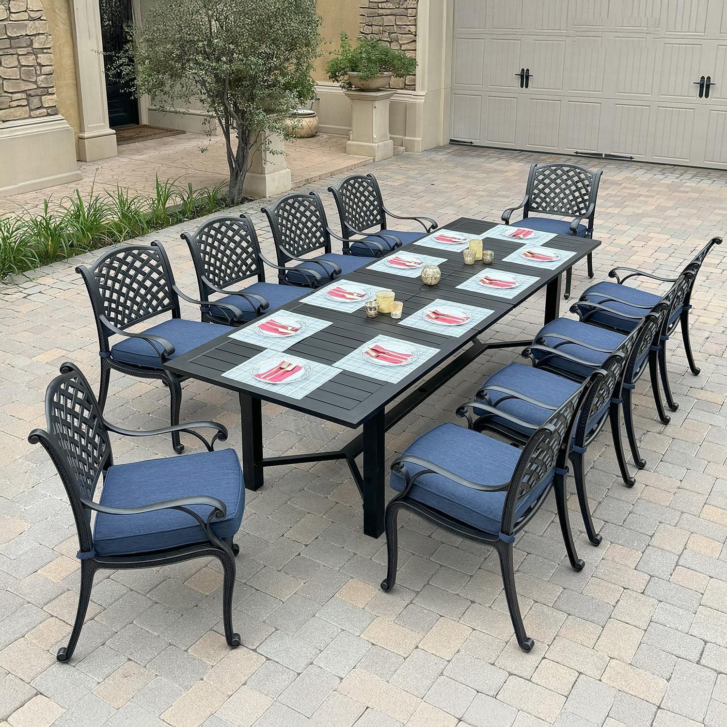 Nassau 11 Pc Cast Aluminum Dining Set in Antique Bronze w/ Navy Cushions By Darlee