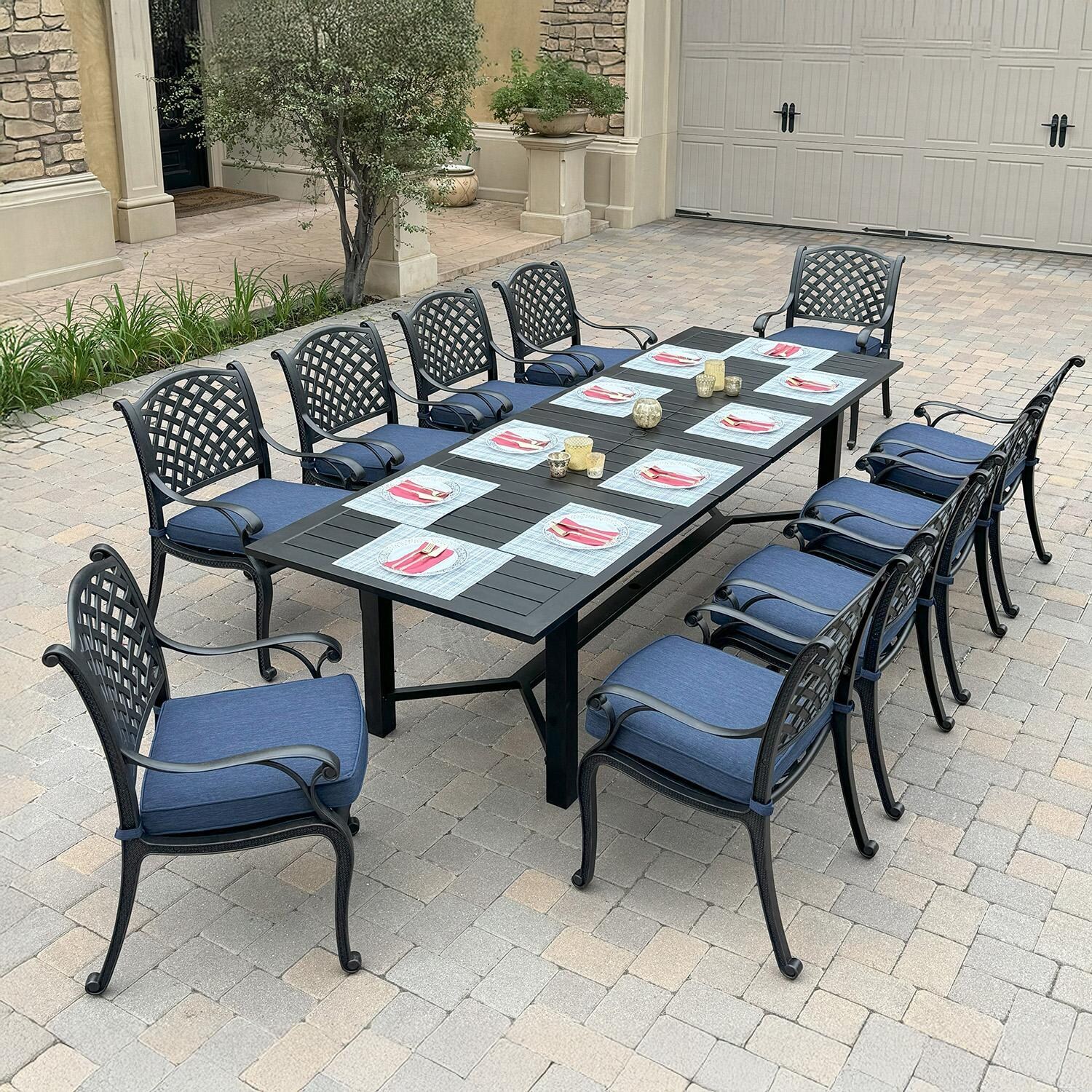 Nassau 11 Pc Cast Aluminum Dining Set in Antique Bronze w/ Navy Cushions By Darlee