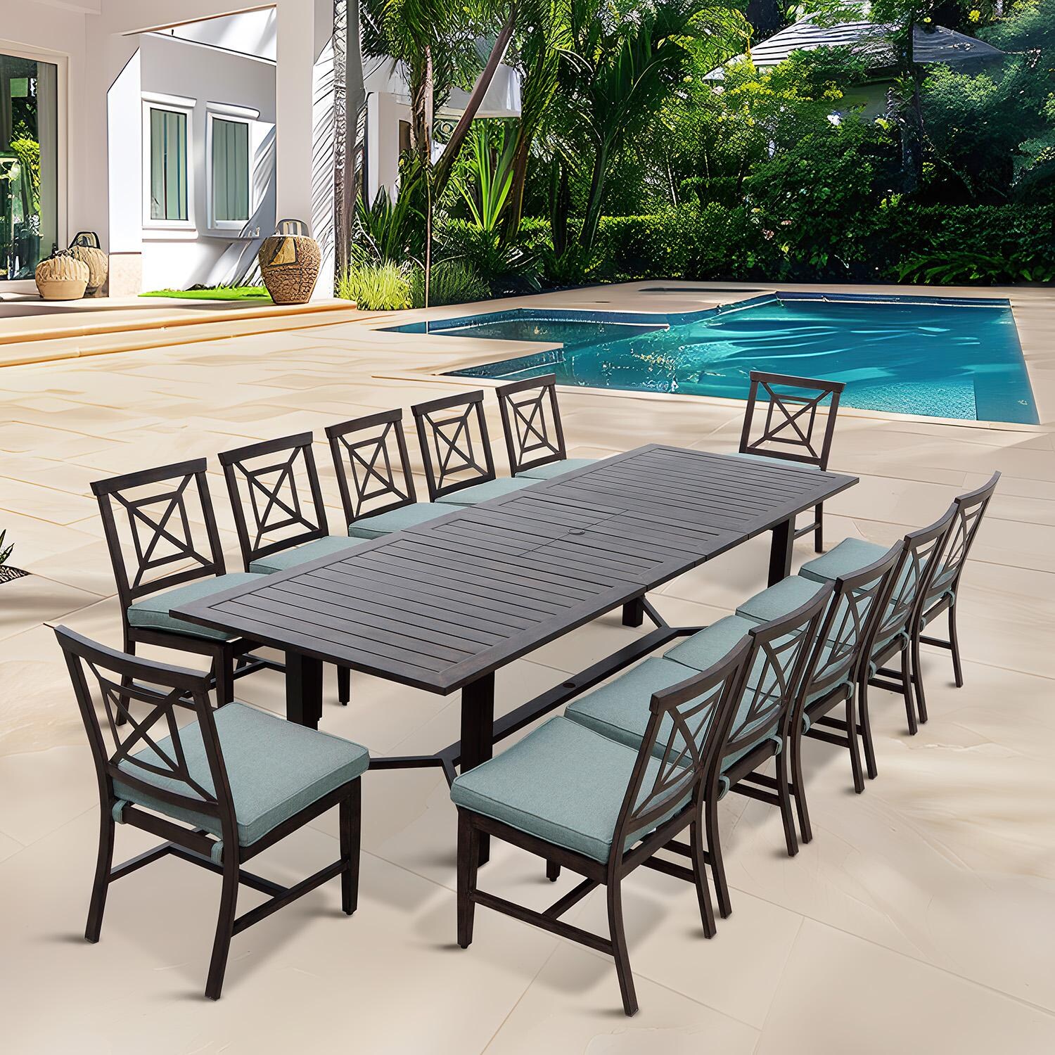 Atlantis 13 Pc Aluminum Dining Set w/ 118 Inch Table and Spa Cushions in Walnut By Darlee - Lifestyle thumbnail