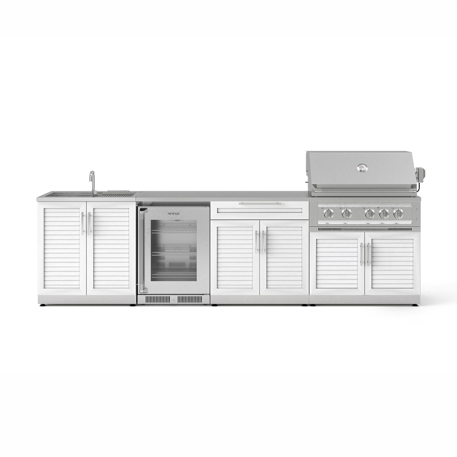 NewAge Products 71528 Classic Series 10 1/2 Ft Outdoor Kitchen Island w/ 36-in Natural Gas Grill, Sink, Glass Door Refrigerator, Trash Bin, Door & Drawer in White/Stainless Steel - Island - White Background thumbnail