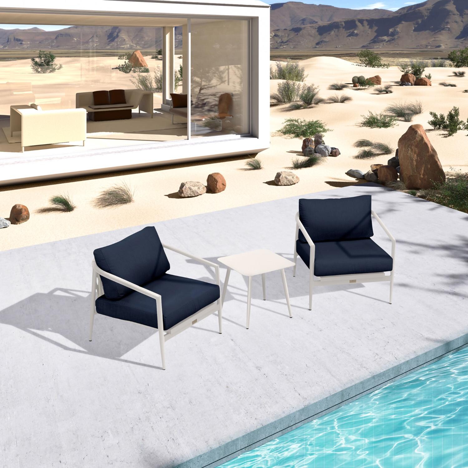 Lakeview Midnight Cove 3 Pc Aluminum Club Chair Seating Set in Urban Stone/Carrera/Spectrum Indigo - Top - Lifestyle thumbnail