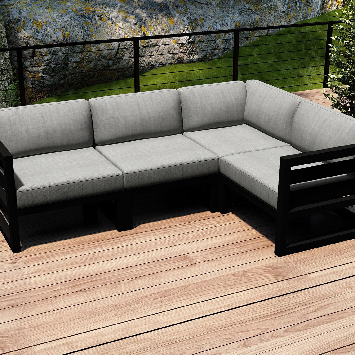 Lakeview MSTYCV-BK-4SEC-CS Misty Cove 4 Pc Aluminum Sectional Set in Black w/Canvas Natural Cushions by Lakeview Outdoor Designs - Set on Deck Cropped - Lifestyle thumbnail