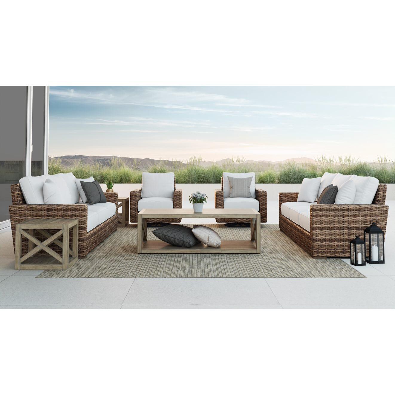 Sunset West - Havana 7 Piece Resin Wicker Patio Conversation Set W/ Coffee Table, End Table, & Sunbrella Canvas Flax Cushions - Full View thumbnail