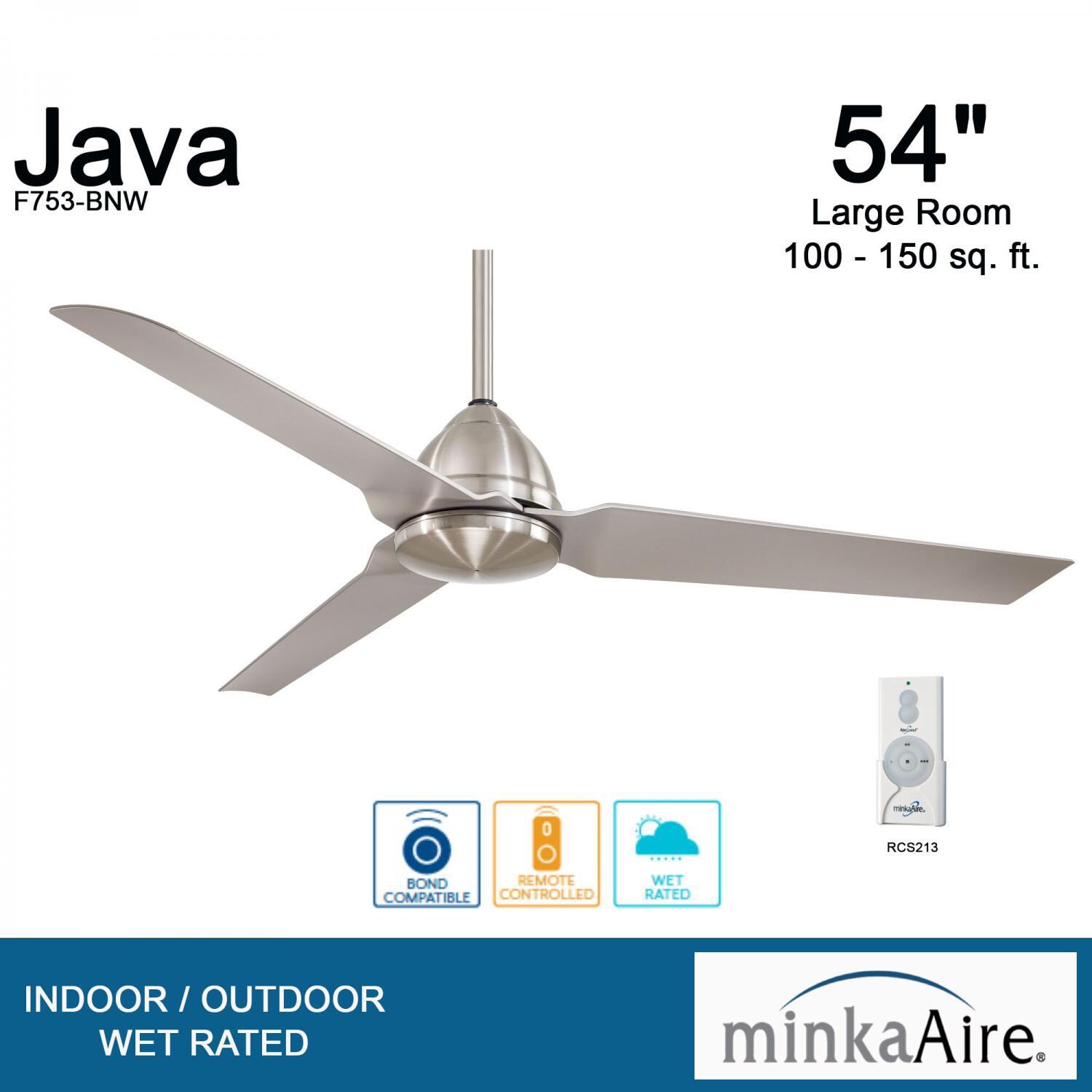 Minka-Aire F753-BNW Java 54-Inch 3-Blade Ceiling Fan in Brushed Nickel Wet Finish w/ Silver Blades - Overview thumbnail