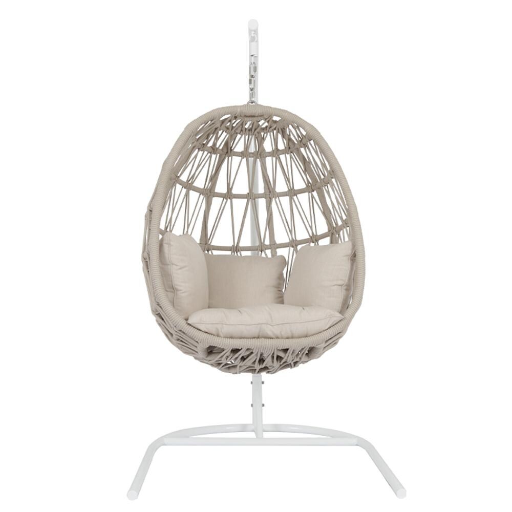 Sunset West - Dana 3 Piece Olefin Rope Patio Hanging Chair Set W/ End Table & Sunbrella Linen Canvas Cushions - Hanging Club Chair Front View thumbnail