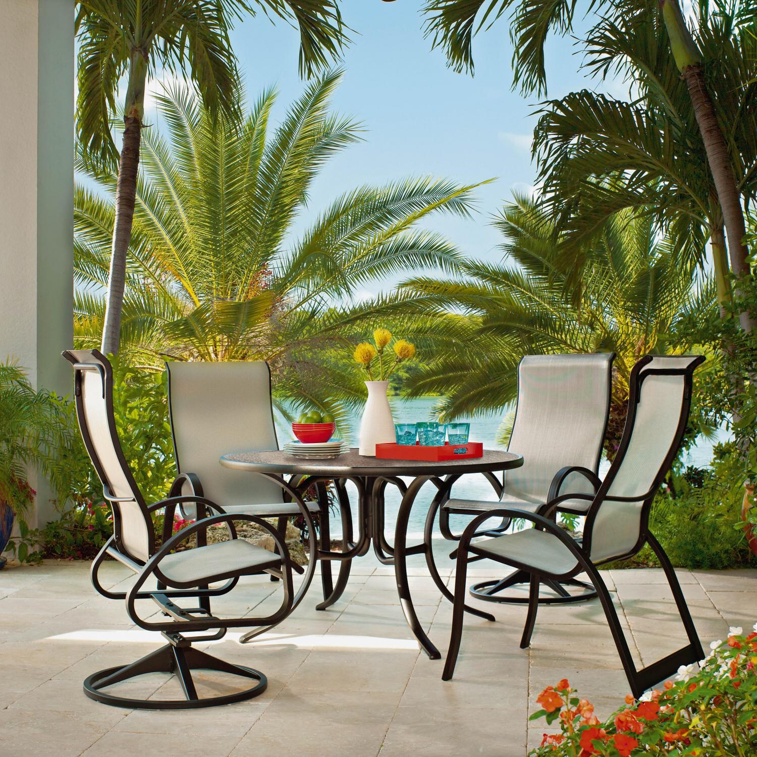 Aruba II 5 Piece Aluminum Patio Dining Set With 48-Inch Round Table & 2 Swivel Rockers By Telescope Casual - Textured Black/Titanium thumbnail