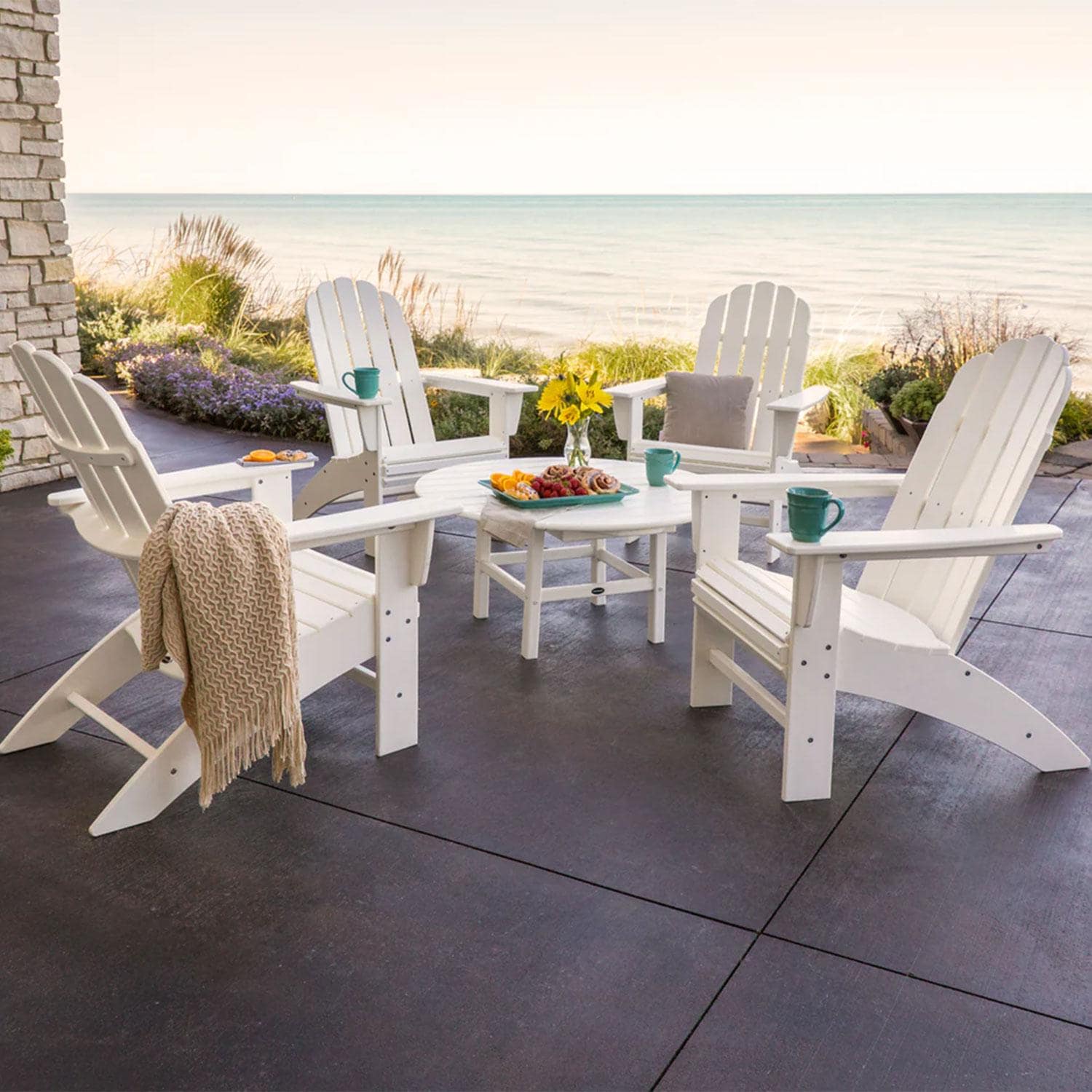 POLYWOOD Sand Vineyard 5-Piece Oversized Adirondack Set - Back Patio - Shown in White finish - Lifestyle thumbnail