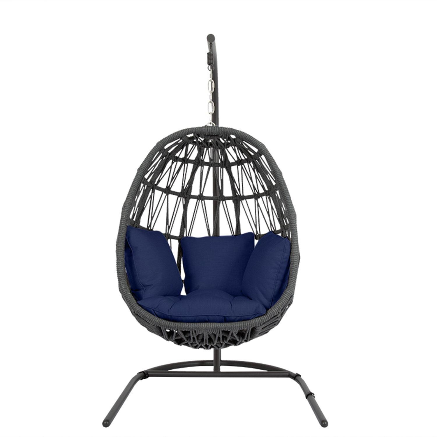 Milano Aluminum & Olefin Rope Patio Hanging Chair in Echo Midnight w/ Self Welt By Sunset West