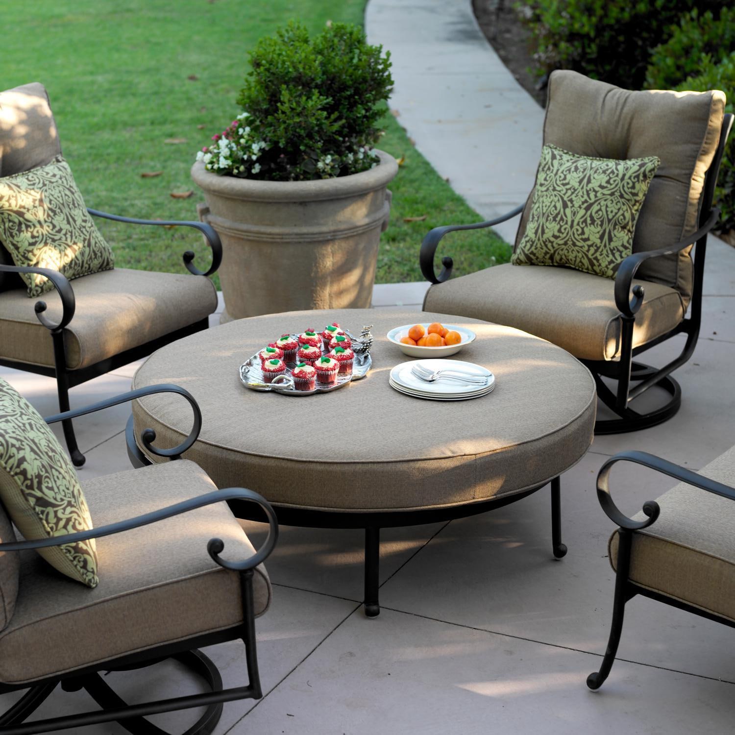 Darlee Santa Anita 5 Pc Cast Aluminum Seating Set w/ Round Ottoman & 2 Swivel Rockers in Antique Bronze/Heather Beige Sunbrella by