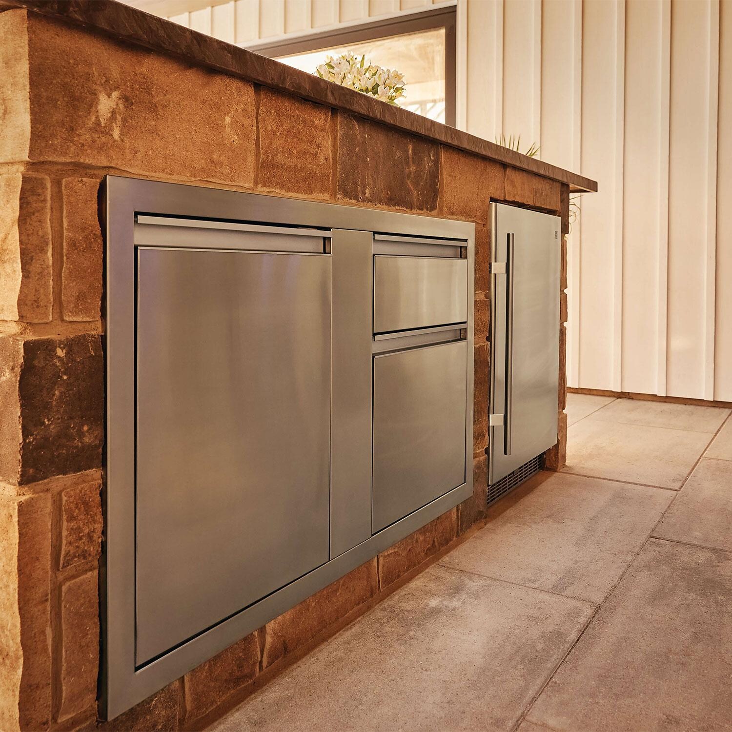 Napoleon NFR055OUSS Outdoor Rated Stainless Steel Fridge - Fridge Closed in Island - Lifestyle thumbnail