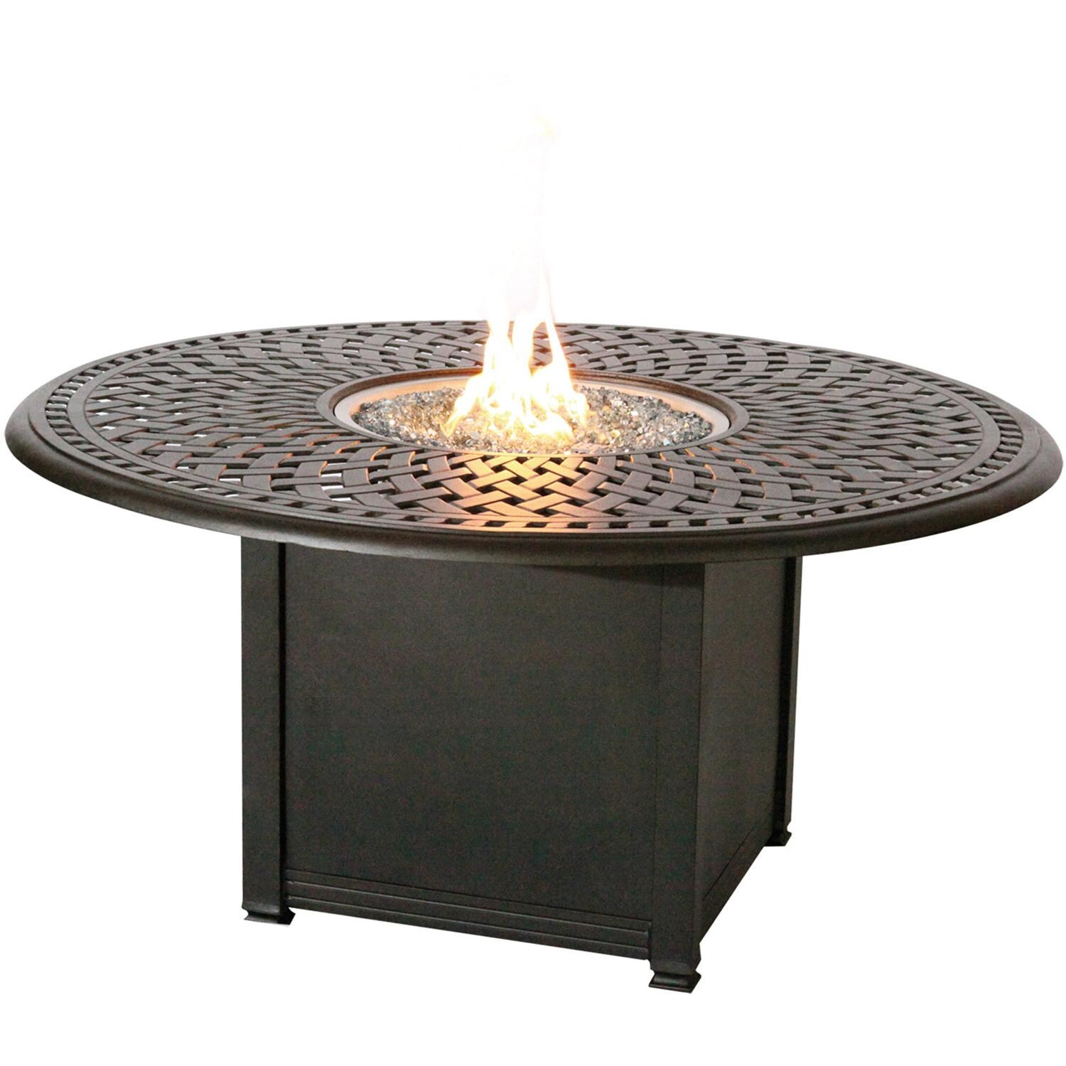 Darlee Elisabeth 7 Pc Cast Aluminum Fire Pit Dining Set w/ 60 Inch Round Signature Table in Antique Bronze/Beige - Table - White Background thumbnail