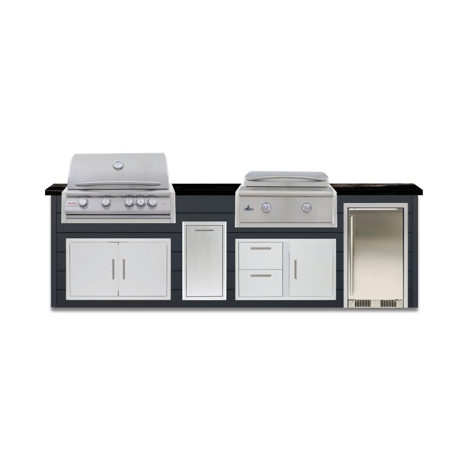 BBQGuys Signature 10 Ft Grill Island w/ 32 Inch Natural Gas Blaze Premium LTE+ Grill & Griddle, Narrow Trash Bin & Door & Drawer | Asphalt Gray w/ Nero Mist Granite - Front - White Background thumbnail