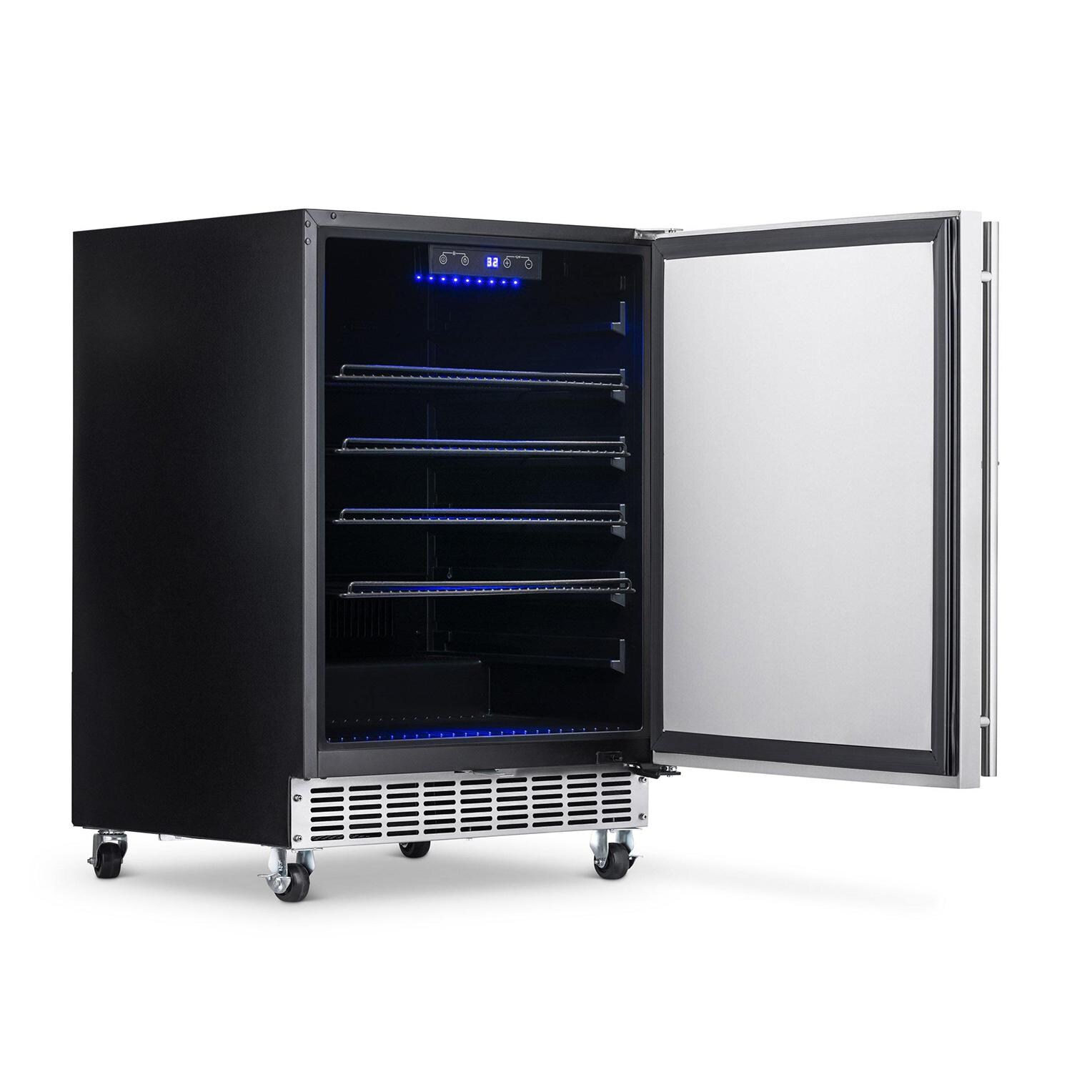 Newair NOF160SS00 24-Inch Built-in 160 Can Outdoor Beverage Fridge - Angled View with Door Open thumbnail