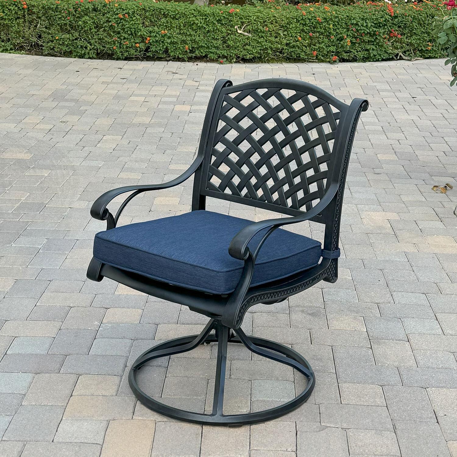 Nassau Cast Aluminum 4 Pc Set Swivel Rocker Dining Chair Set in Antique Bronze/Navy by Darlee - Lifestyle thumbnail