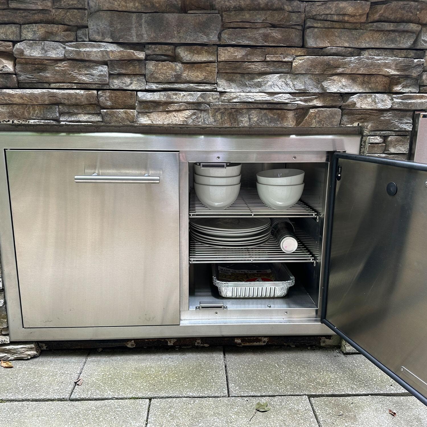 XO Appliance XOG36PANTRY Pro-Grade 36-Inch Outdoor Stainless Steel Sealed Pantry Double Access Door - Right Door Open - W/ Stacked Shelves - Detail thumbnail