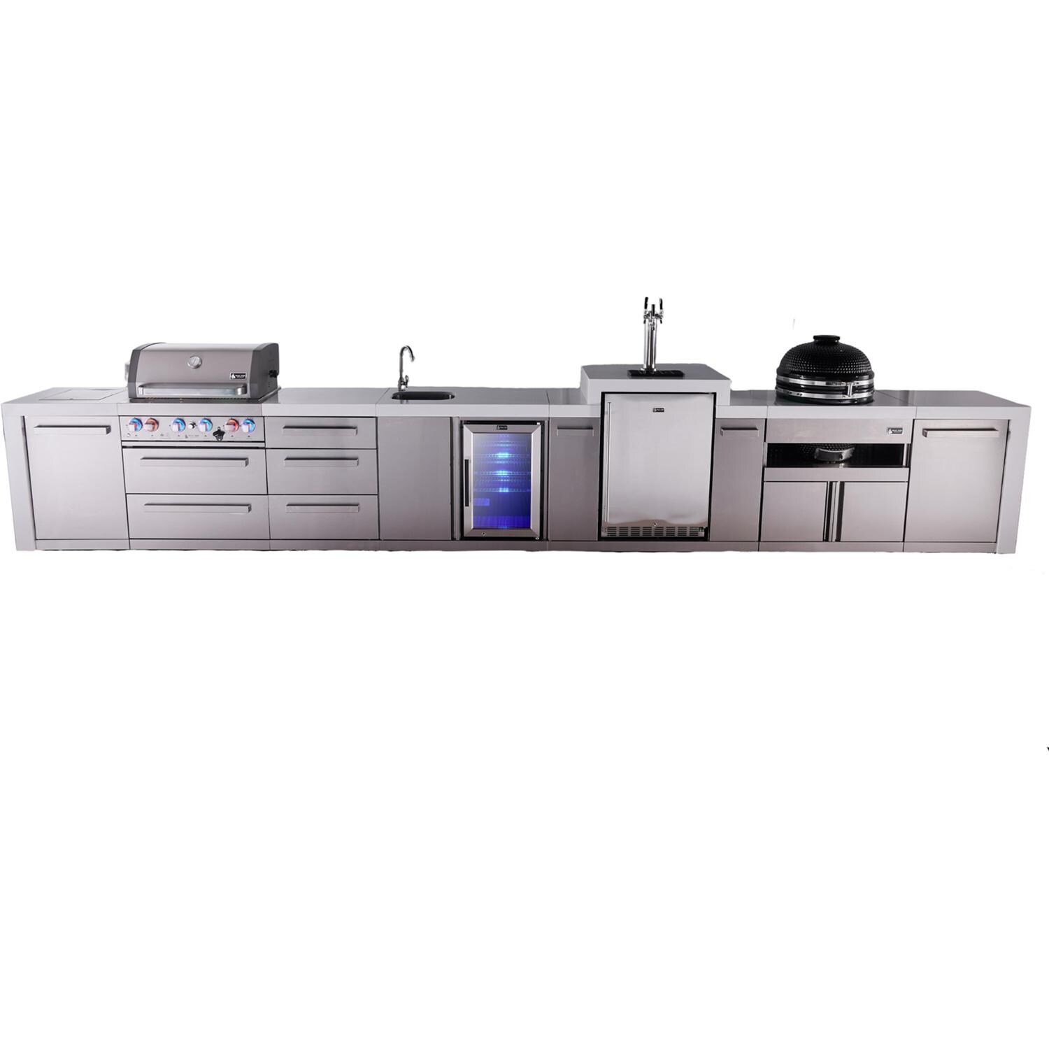 Mont Alpi Deluxe Series 15 1/2 Ft Natural Gas Outdoor Kitchen Island w/ 32-in Grill, Side Burner, Beverage Center, Kegerator, Kamado Module & Triple Drawer (Ships Propane w/ Conversion Kit)
