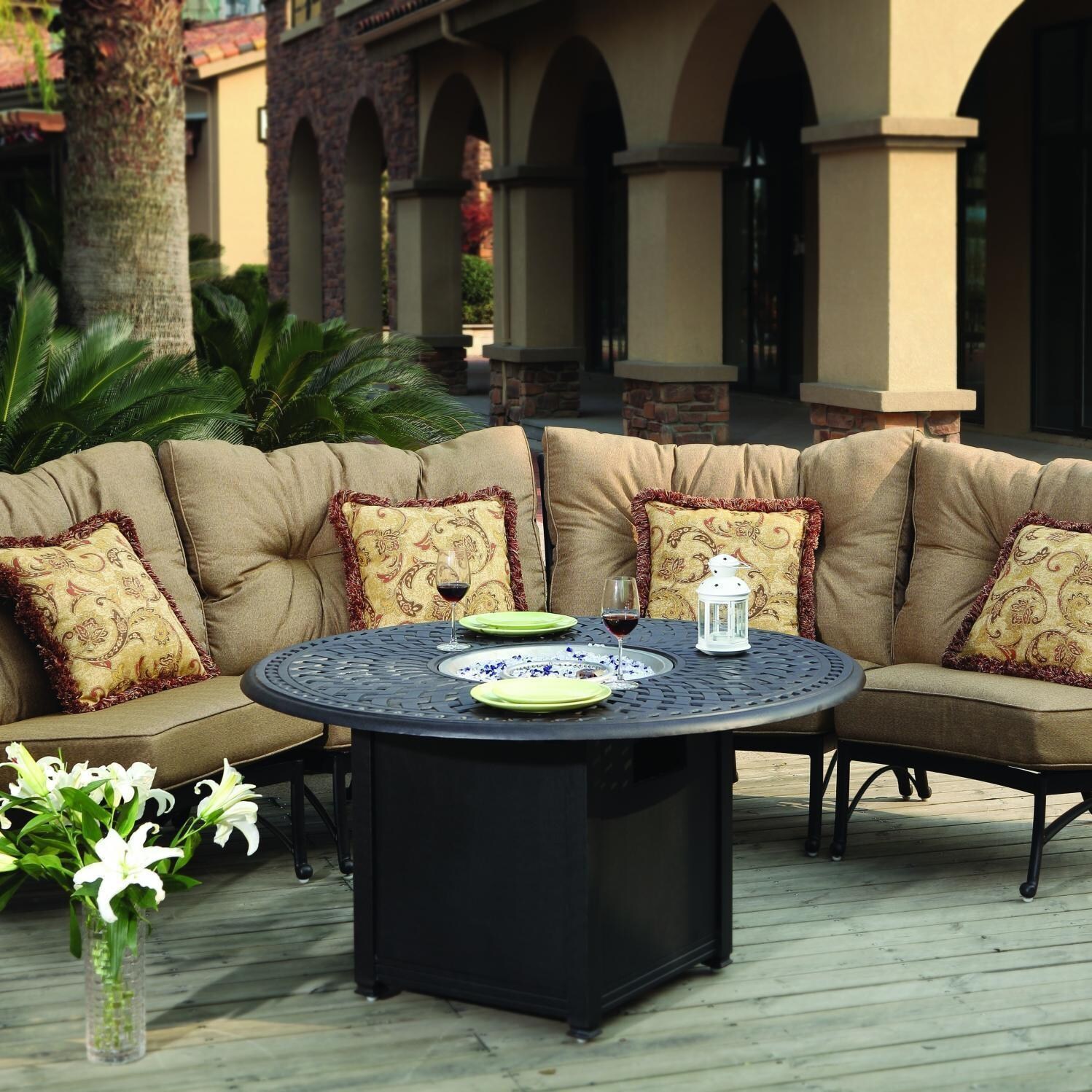 Santa Anita 5 Pc Cast Aluminum Sectional Fire Pit Seating Set w/ 52-in Signature Table in Antique Bronze/Heather Beige Sunbrella by Darlee