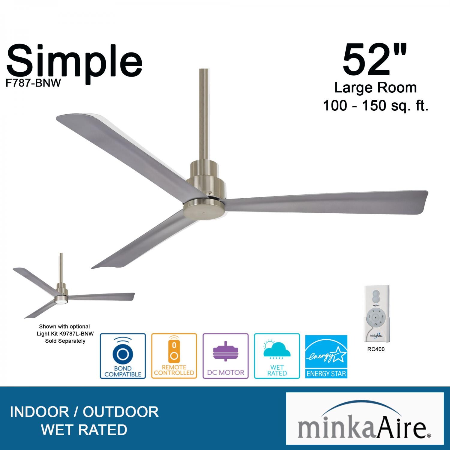 Minka-Aire F787-BNW Simple 52-Inch 3-Blade Ceiling Fan in Brushed Nickel Finish w/ Silver Blades - Overview thumbnail