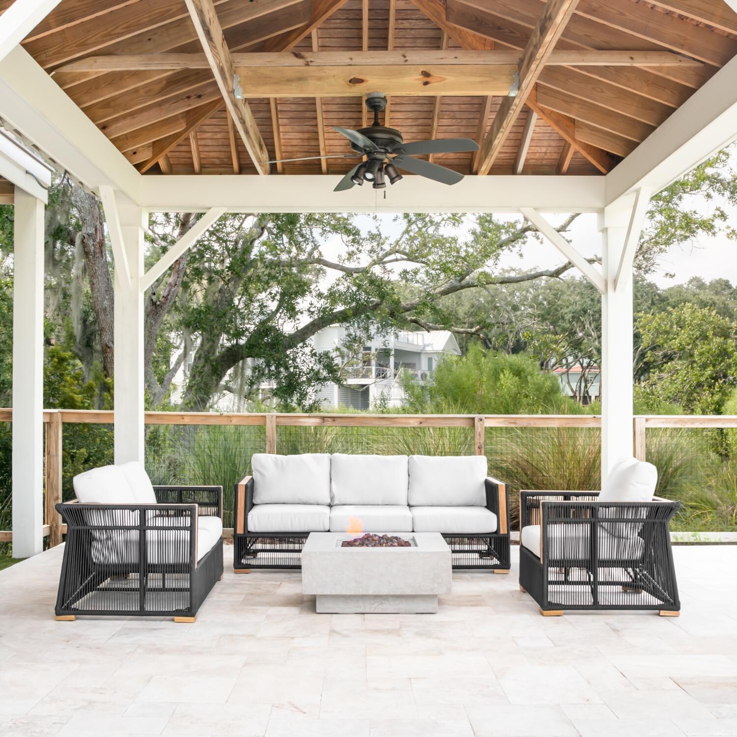 Teak + Table Breeze Olefin Rope & Teak Patio Club Chair in Charcoal/Natural - Gazebo Landscape View - Lifestyle thumbnail