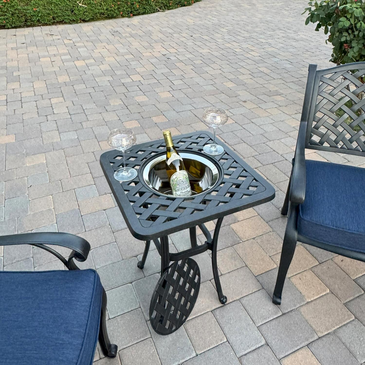 Darlee B/DL13-3PC-30SQ-N Nassau 3 Pc Cast Aluminum Conversation Set w/ Ice Bucket in Antique Bronze w/ Navy Cushions - Ice Bucket - Lifestyle thumbnail