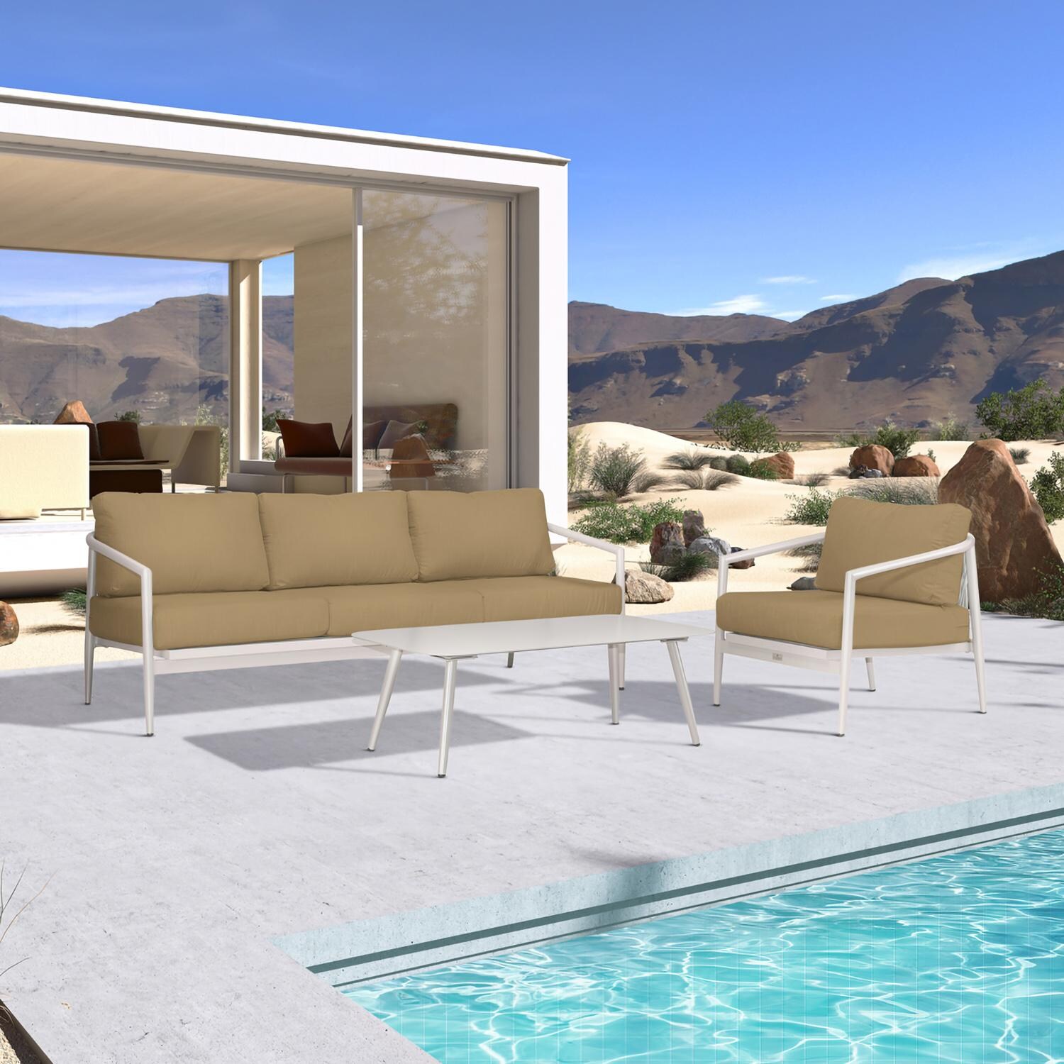 Lakeview Midnight Cove 3 Pc Aluminum Sofa Seating Set in Urban Stone/Carrera/Heather Beige - Angled - Lifestyle thumbnail