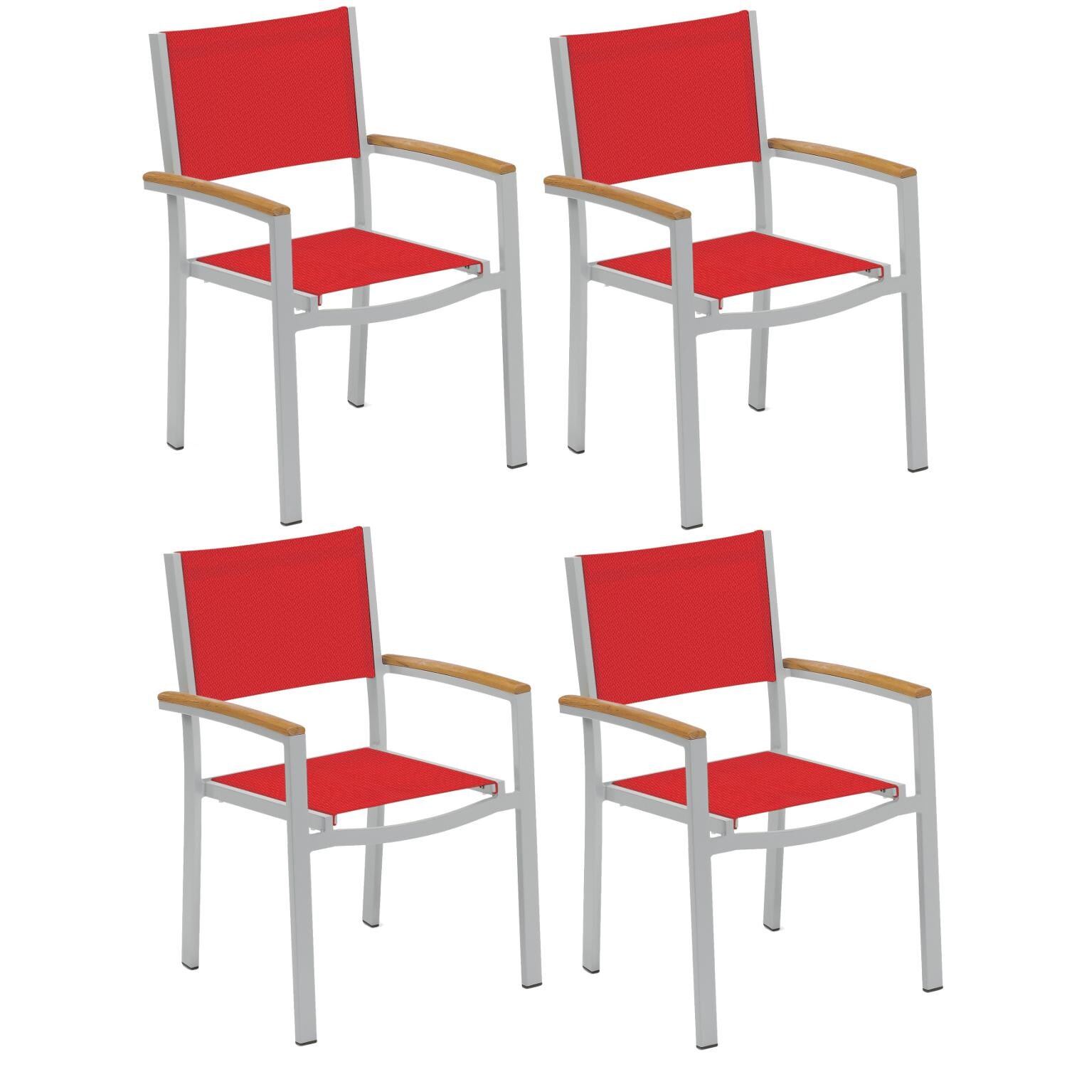 Travira 4 Piece Aluminum Patio Dining Arm Chair Set W/ Tekwood Natural Arm Caps By Oxford Garden - Red Sling