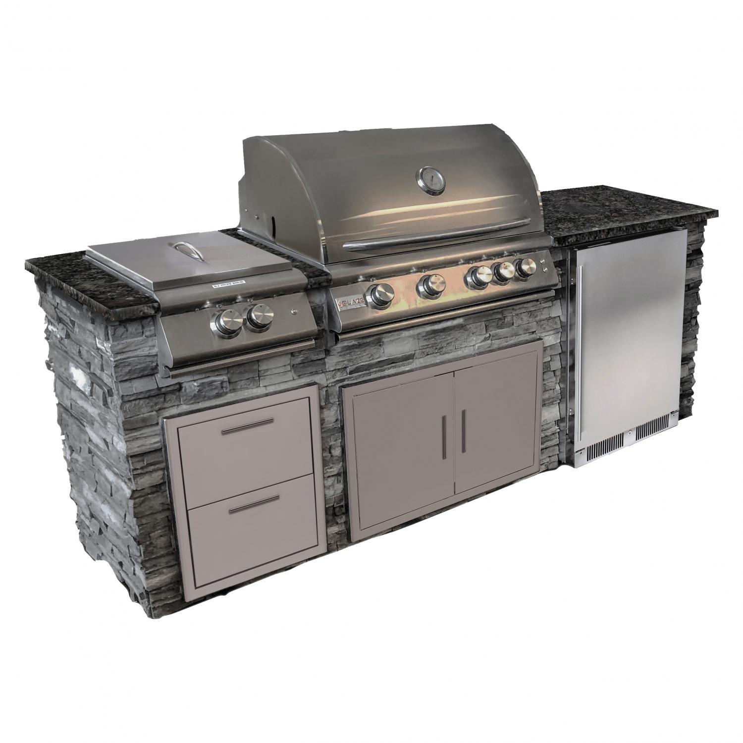 BBQGuys Signature 8-Foot Finished Island Kitchen W/ Blaze Premium LTE 32-Inch Propane Gas Grill, Power Burner, & Outdoor Rated Refrigerator - Gray Stacked Stone W/ Steel Gray Polished Granite - 1360007
