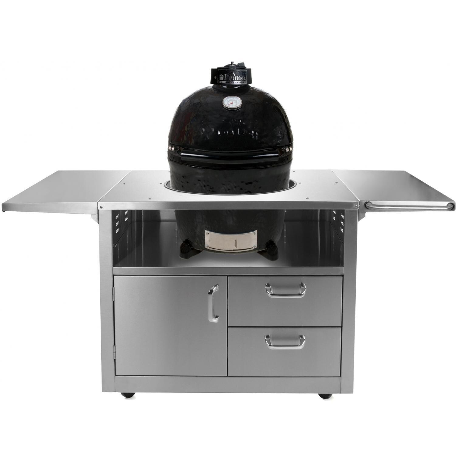 BBQ Guys Stainless Steel Kamado Cart - Shown With Primo Large Round Kamado (Grill Not Included) thumbnail