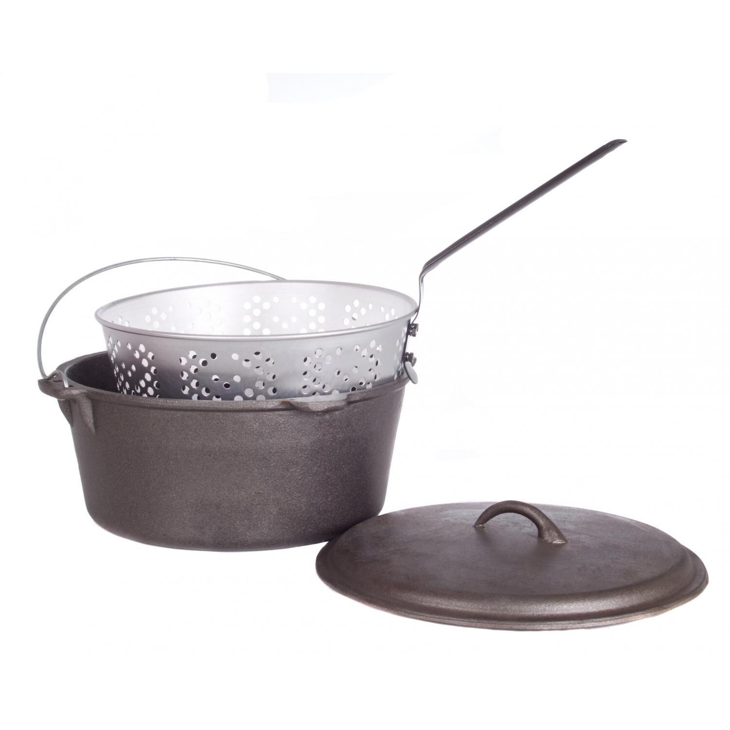 Cajun Cookware 9-Quart Unseasoned Cast Iron Dutch Oven With Fry Basket - Side View thumbnail