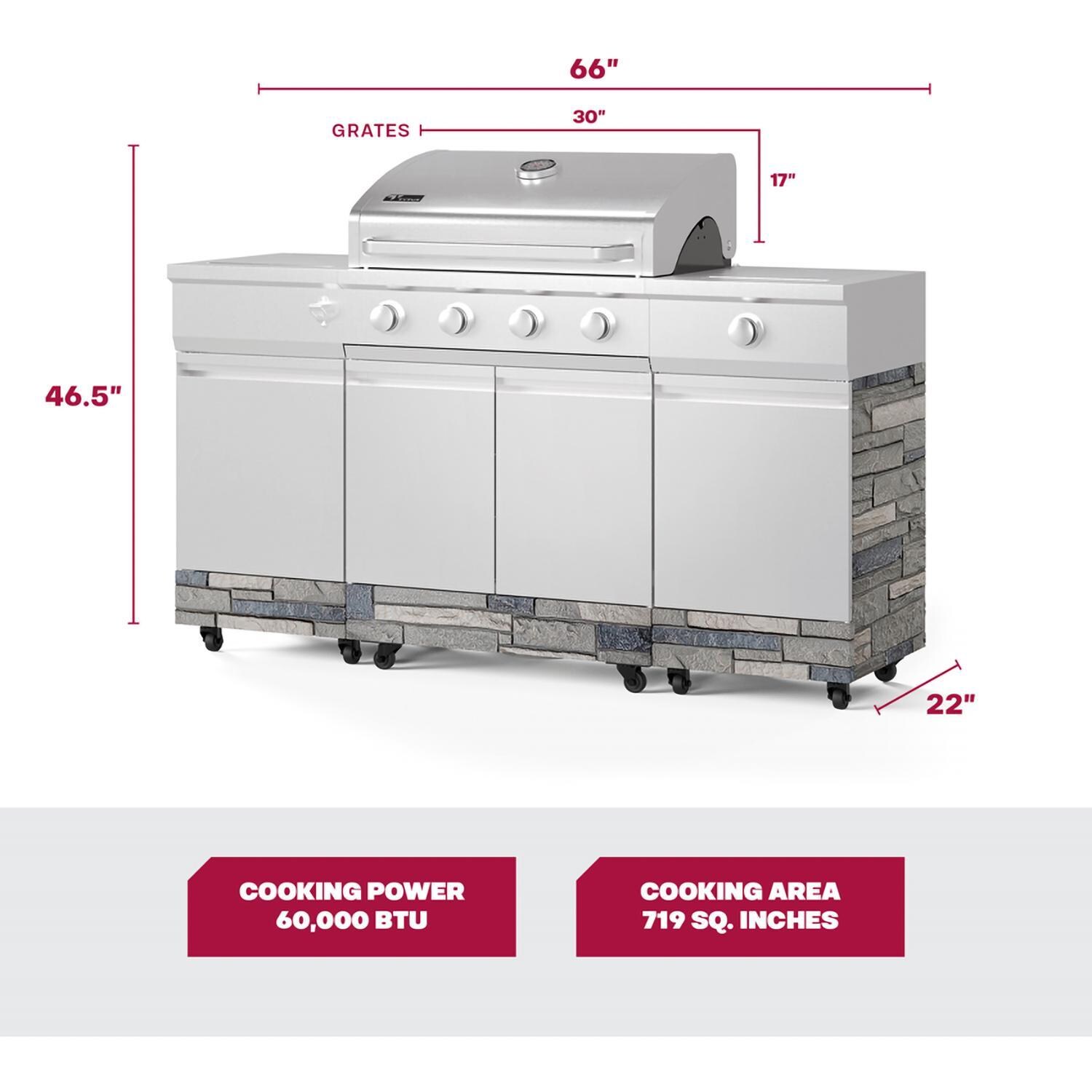 TYTUS Fresno Series 5-Burner Propane Island Grill in Stainless Steel + Shadow Stone w/ Cover & Griddle - Measurements - Dimensional thumbnail