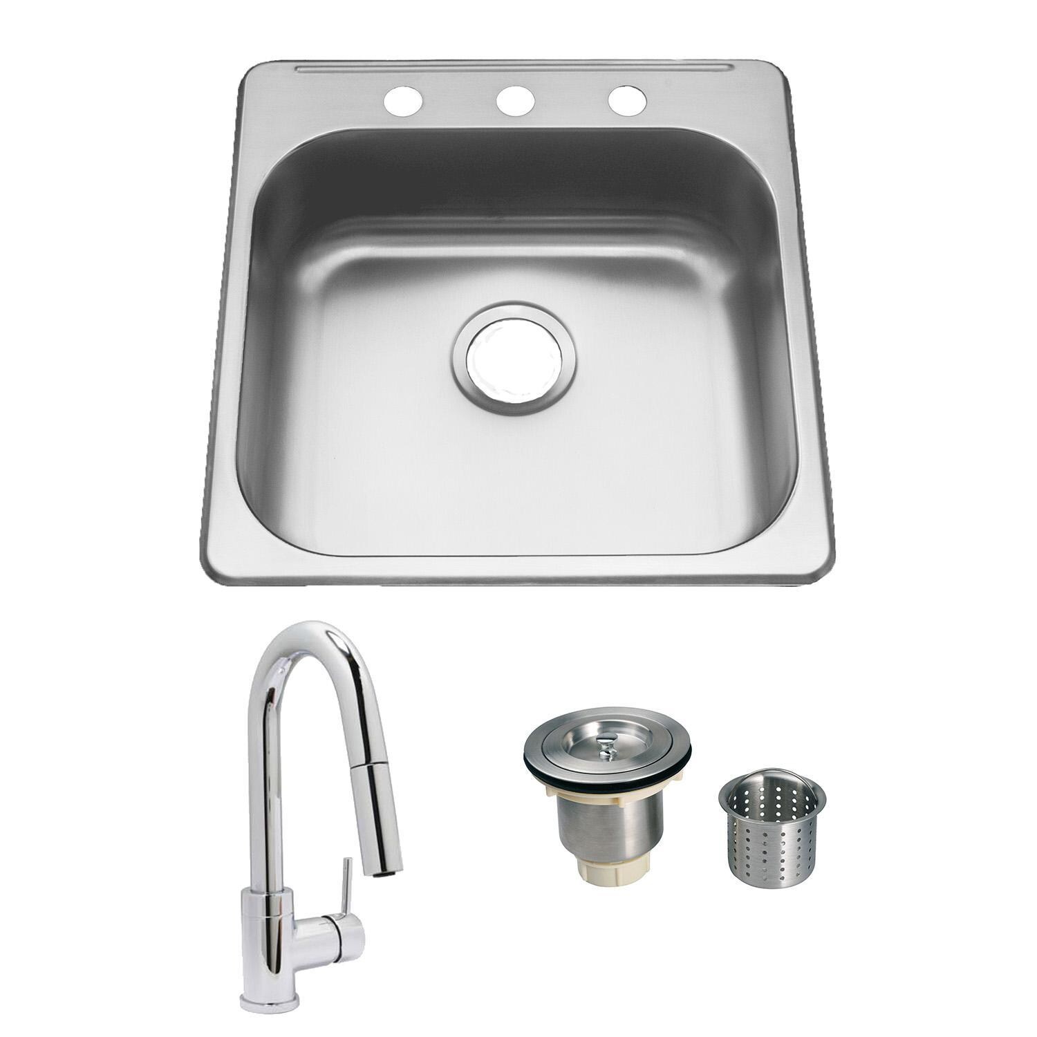 ADA Compliant 20 X 20 Stainless Steel Outdoor Sink with Huntington Brass Dual Spray European Style Pull Down Faucet and Strainer Basket