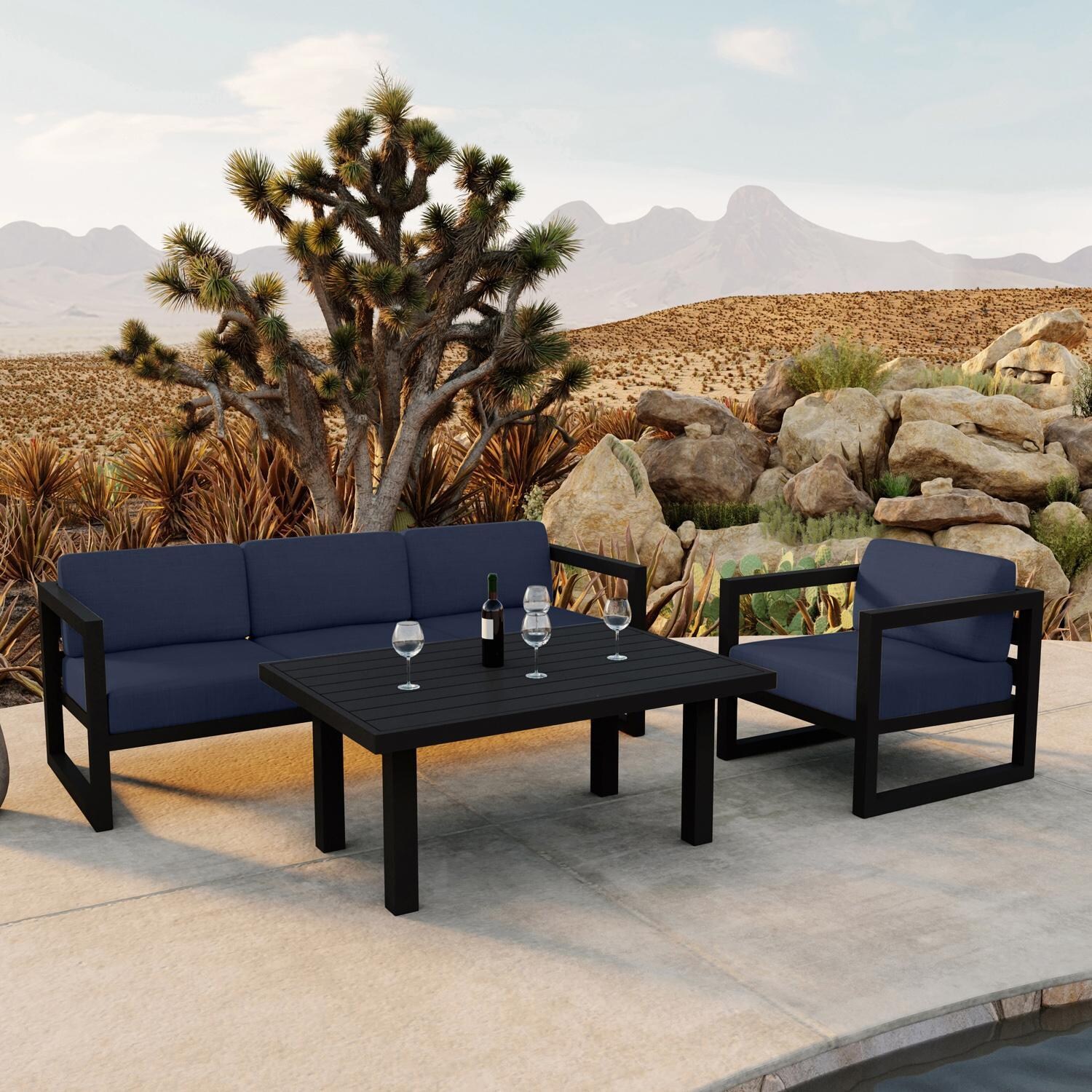Lakeview MSTYCV-BK-SET138-IN Misty Cove 3 Pc Aluminum Seating Set in Black w/Chat Table & Spectrum Indigo Cushions by Lakeview Outdoor Designs - By the Pool - Lifestyle thumbnail