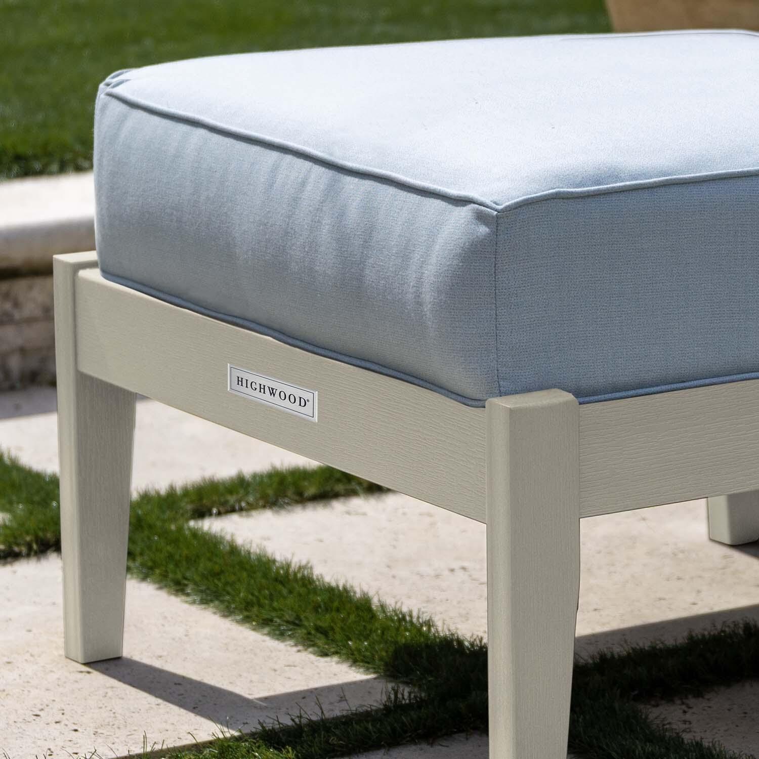 Blushing Bay Recycled Plastic Ottoman in Bliss Dew/Whitewash by Lakeview Outdoor Designs - Close Up - Lifestyle thumbnail