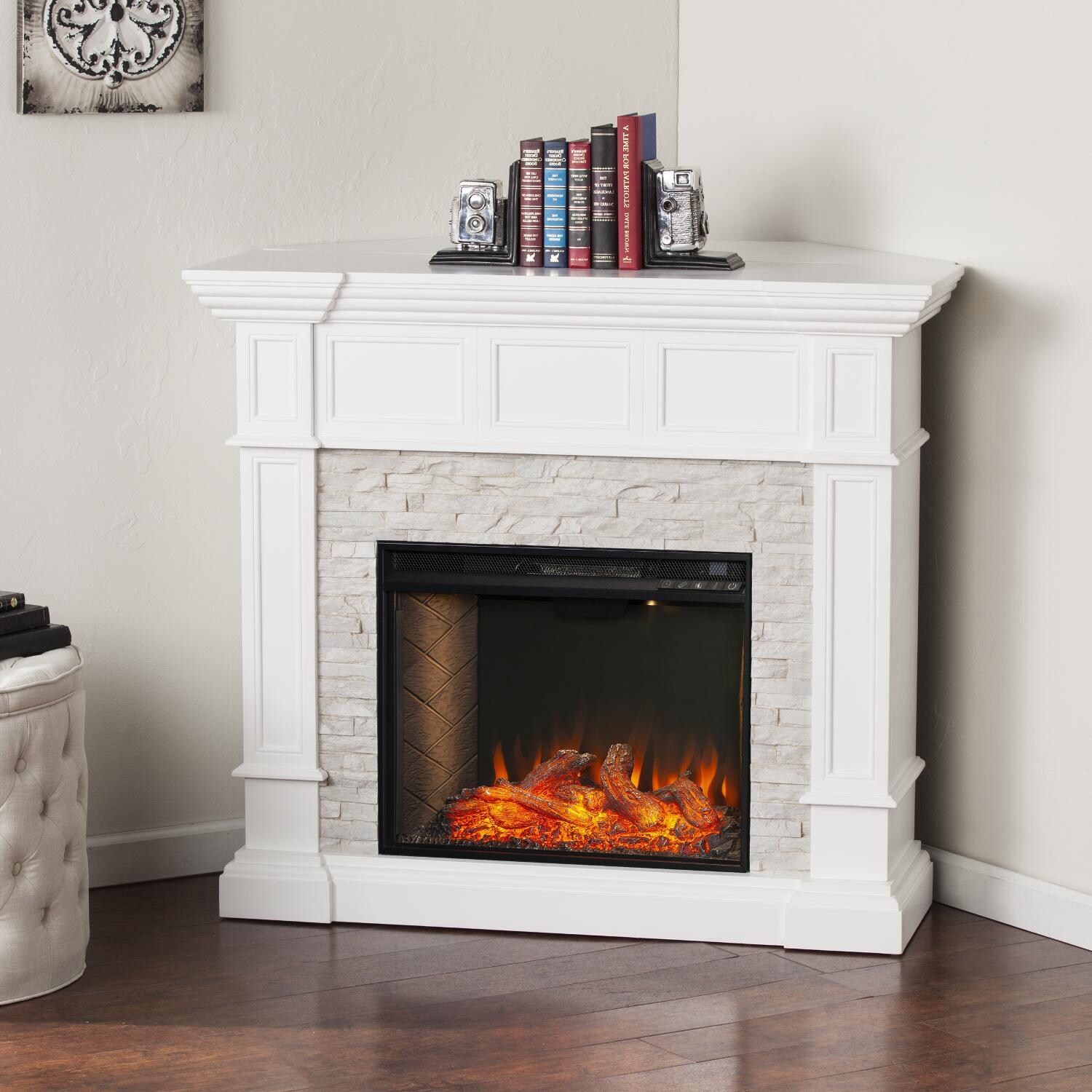 Southern Enterprises FS9638 Merrimack 45-Inch Electric Fireplace W/ Alexa-Enabled Smart Firebox -  White W/ Faux Stone Surround - Corner Installation thumbnail