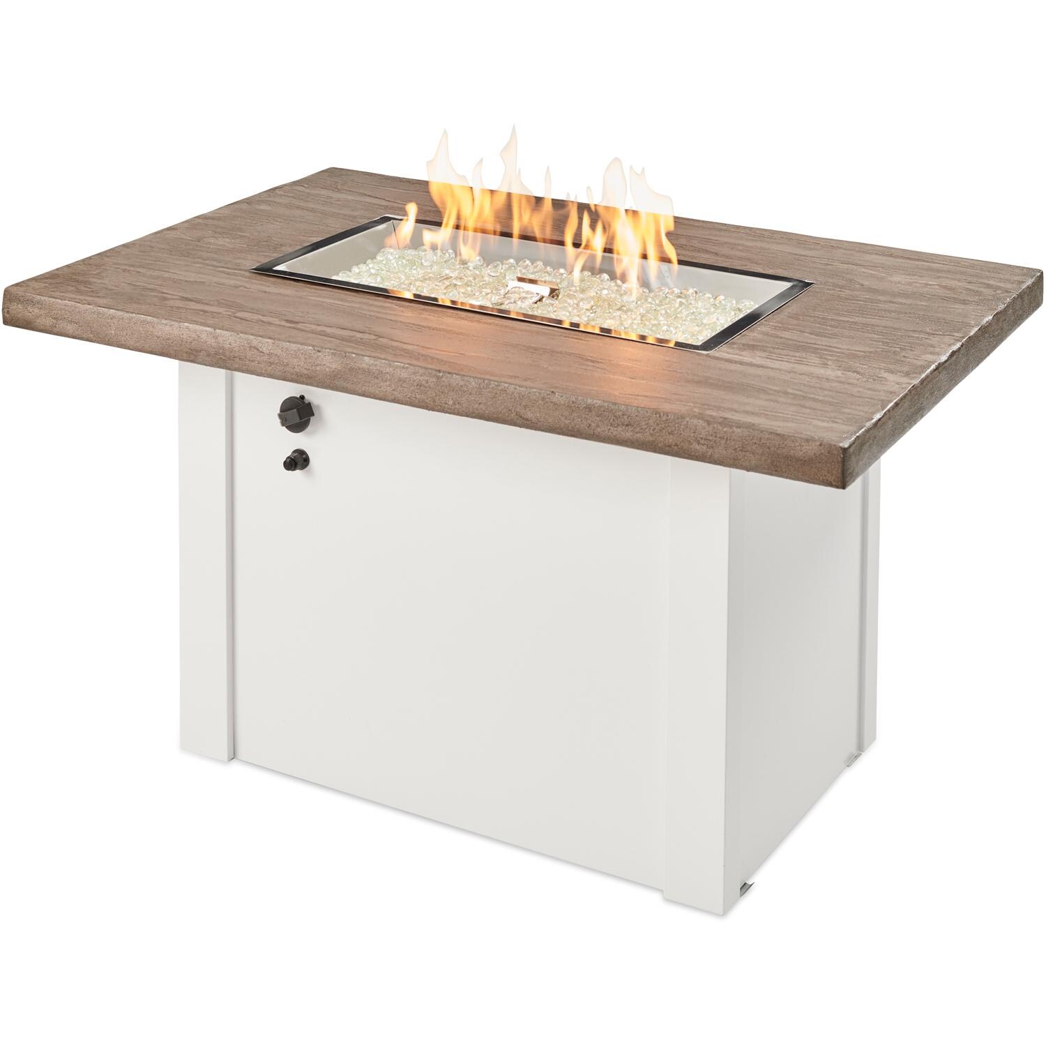The Outdoor GreatRoom Company Havenwood HVDW-1224-K-NG 44-Inch Rectangular Natural Gas Fire Pit Table with Driftwood Everblend Top and 24-Inch Crystal Fire Burner - Ships As Propane With Conversion Fittings - White - Shown With Burner Lit thumbnail