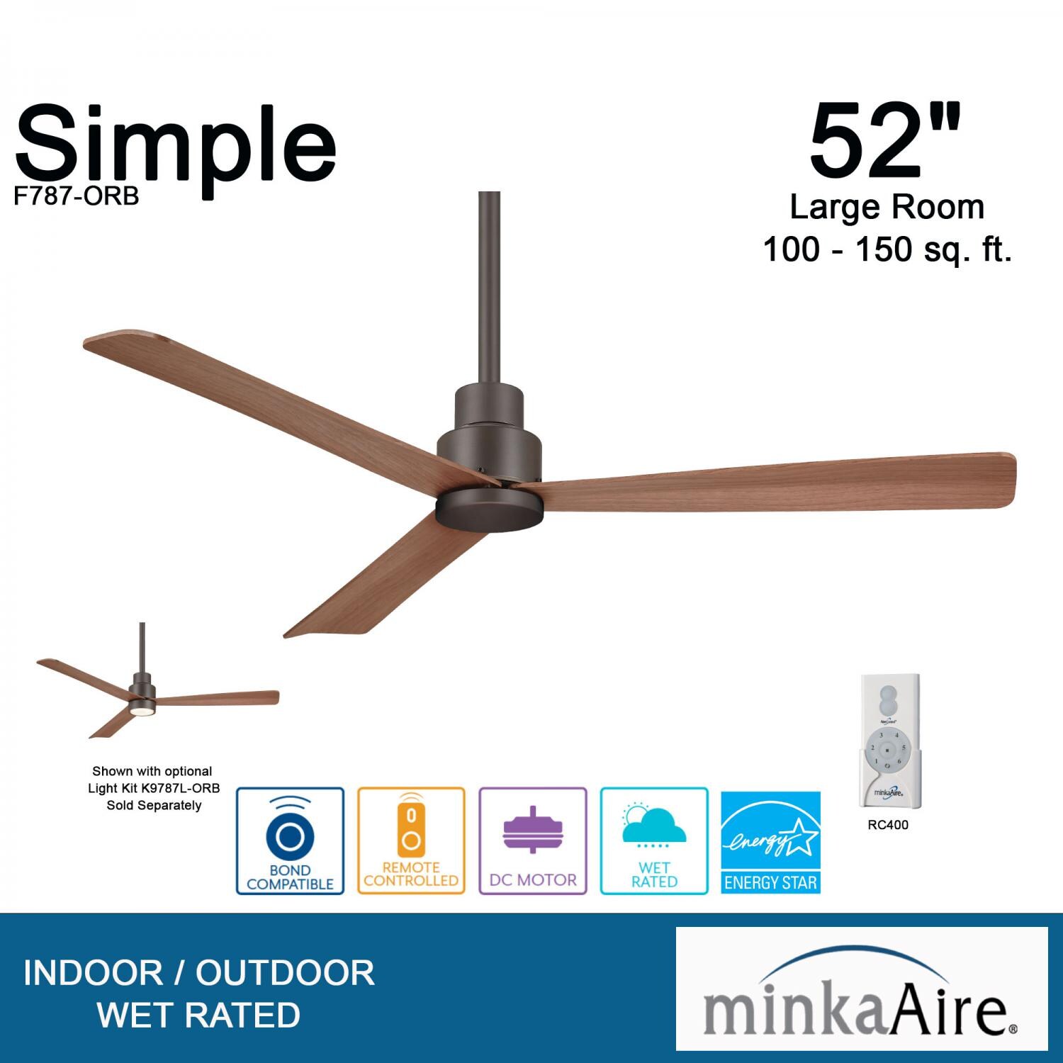 Minka-Aire F787-ORB Simple 52-Inch 3-Blade Ceiling Fan in Oil Rubbed Bronze Finish w/ - Medium Maple - Blades - Overview thumbnail