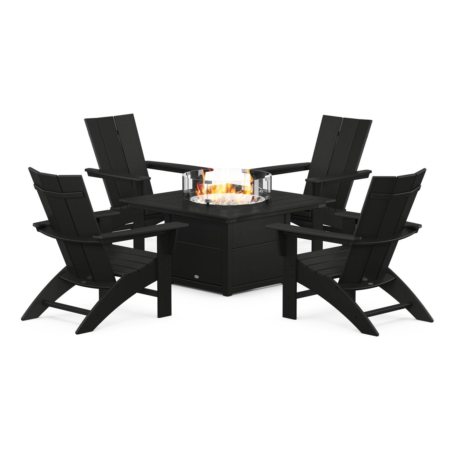 Modern Adirondack 5 Pc Recycled Plastic Fire Pit Seating Set w/ Curveback Chairs in Black by POLYWOOD