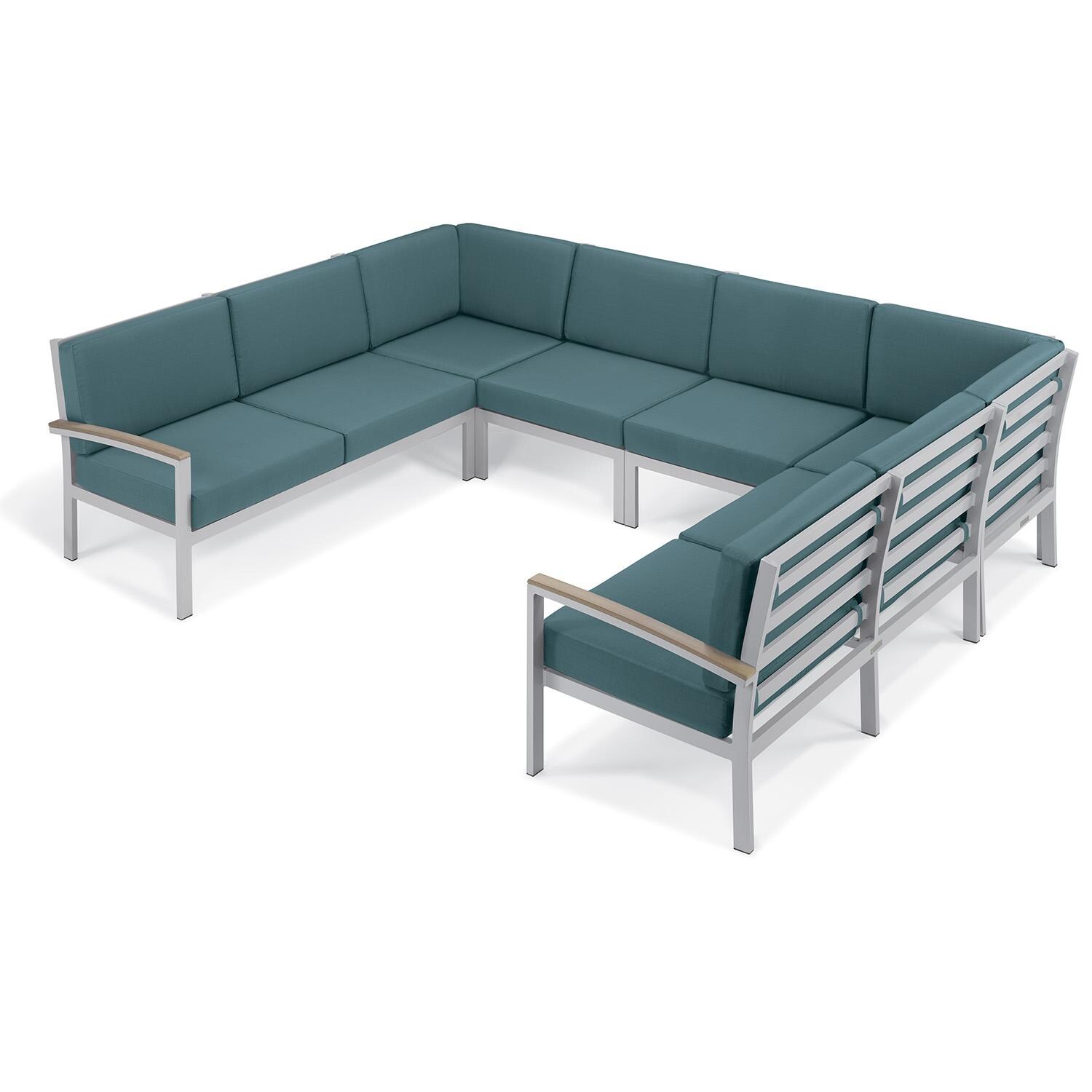 Oxford Garden 5274-PC.F Travira 6 Pc Aluminum Seating Set in Vintage Tekwood/ Ice Blue by Oxford Garden - Set - White Background thumbnail