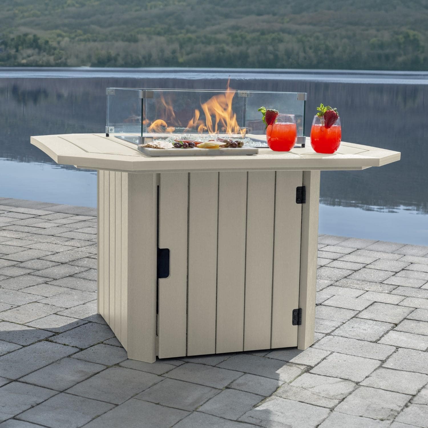 Harborview 40-in Octagon Polyresin Propane Fire Pit Table in Whitewash by Lakeview Outdoor Designs