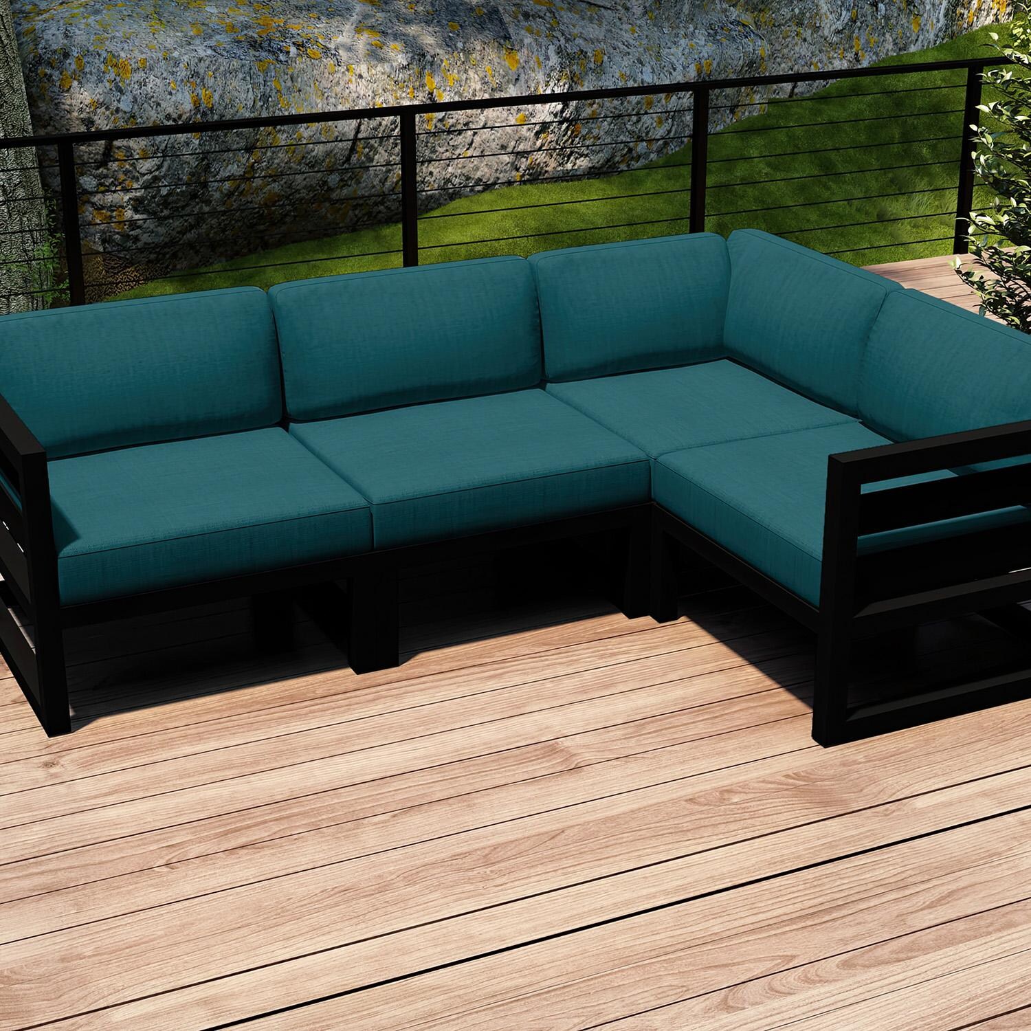 Lakeview MSTYCV-BK-4SEC-PC Misty Cove 4 Pc Aluminum Sectional Set in Black w/Spectrum Peacock Cushions by Lakeview Outdoor Designs - Set on Deck Cropped - Lifestyle thumbnail